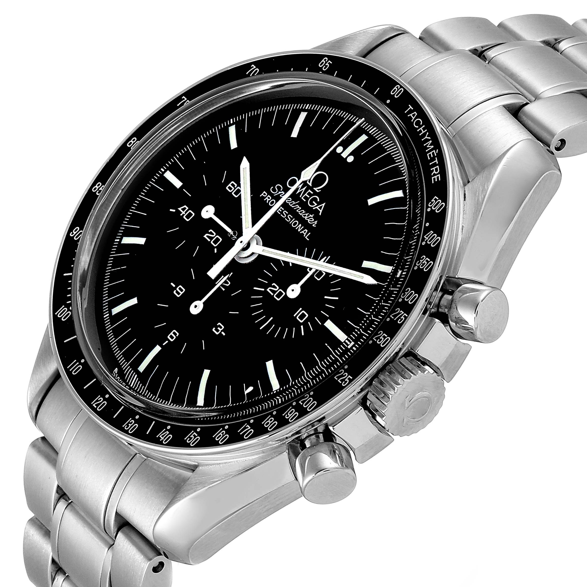 The image shows an angled view of the Omega Speedmaster 3560.50.00 Men's Stainless Steel Black Dial 3560.50.00 Men's Stainless Steel Black Dial, highlighting the dial, bezel, pushers, and part of the bracelet.