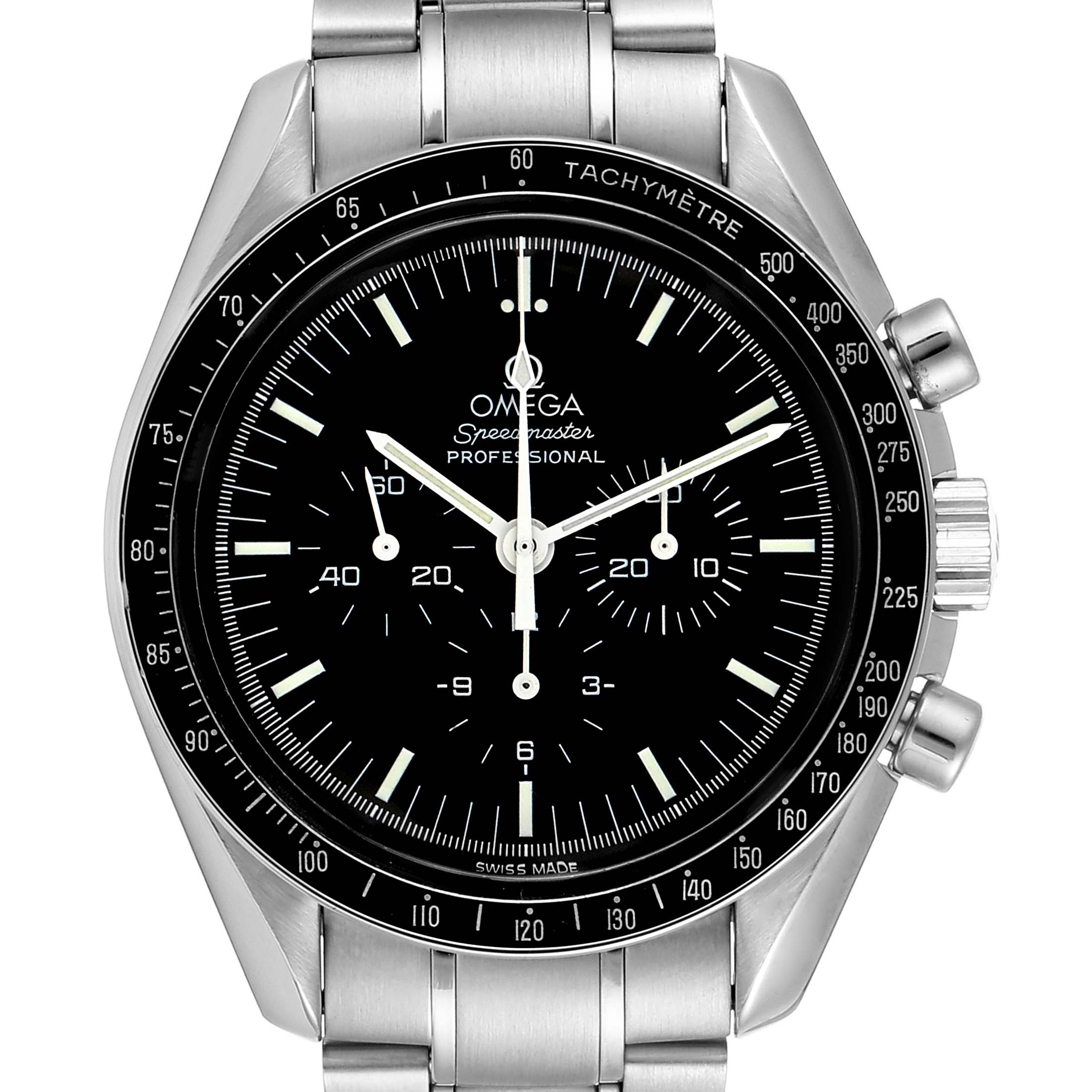 This is a front view of an Omega Speedmaster 3560.50.00 Men's Stainless Steel Black Dial 3560.50.00 Men's Stainless Steel Black Dial watch showing the dial, tachymeter, and chronograph buttons.
