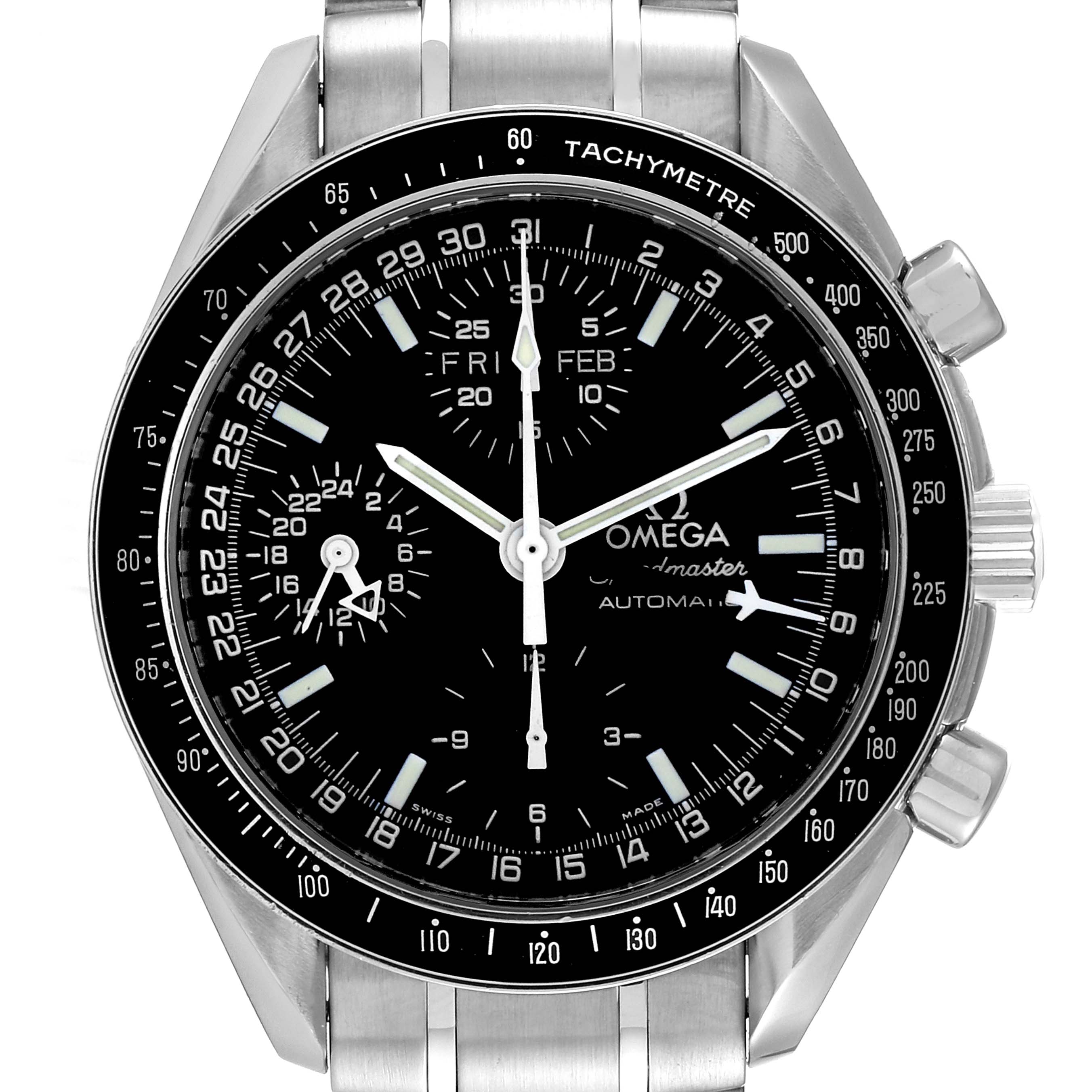 This image shows a close-up of the dial and stainless steel bracelet of the Omega Speedmaster 3520.50.00 Men's Stainless Steel Black Dial 3520.50.00 Men's Stainless Steel Black Dial watch, highlighting its tachymeter scale.