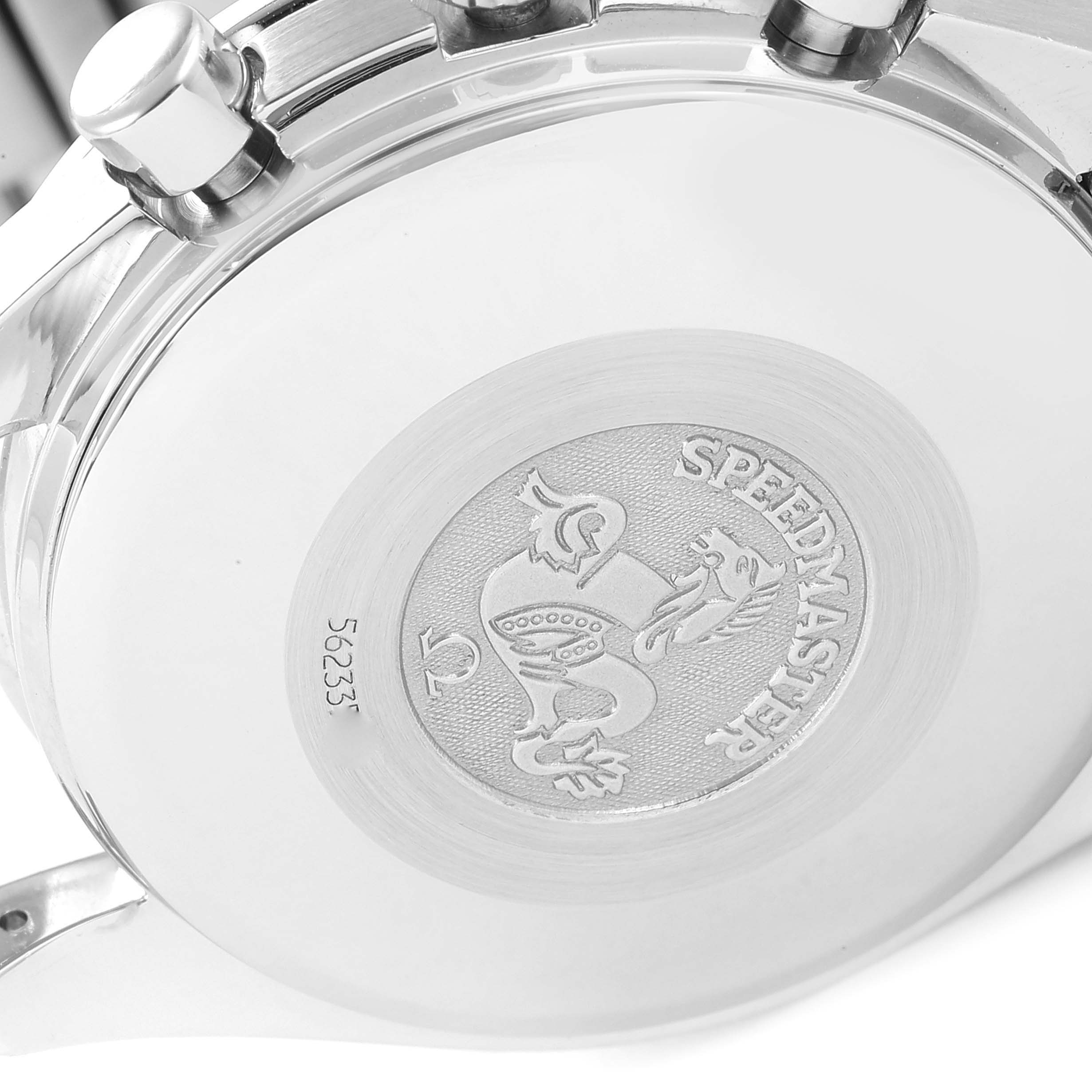 The image shows the case back of an Omega Speedmaster 3520.50.00 Men's Stainless Steel Black Dial 3520.50.00 Men's Stainless Steel Black Dial watch, including its engraving and serial number.