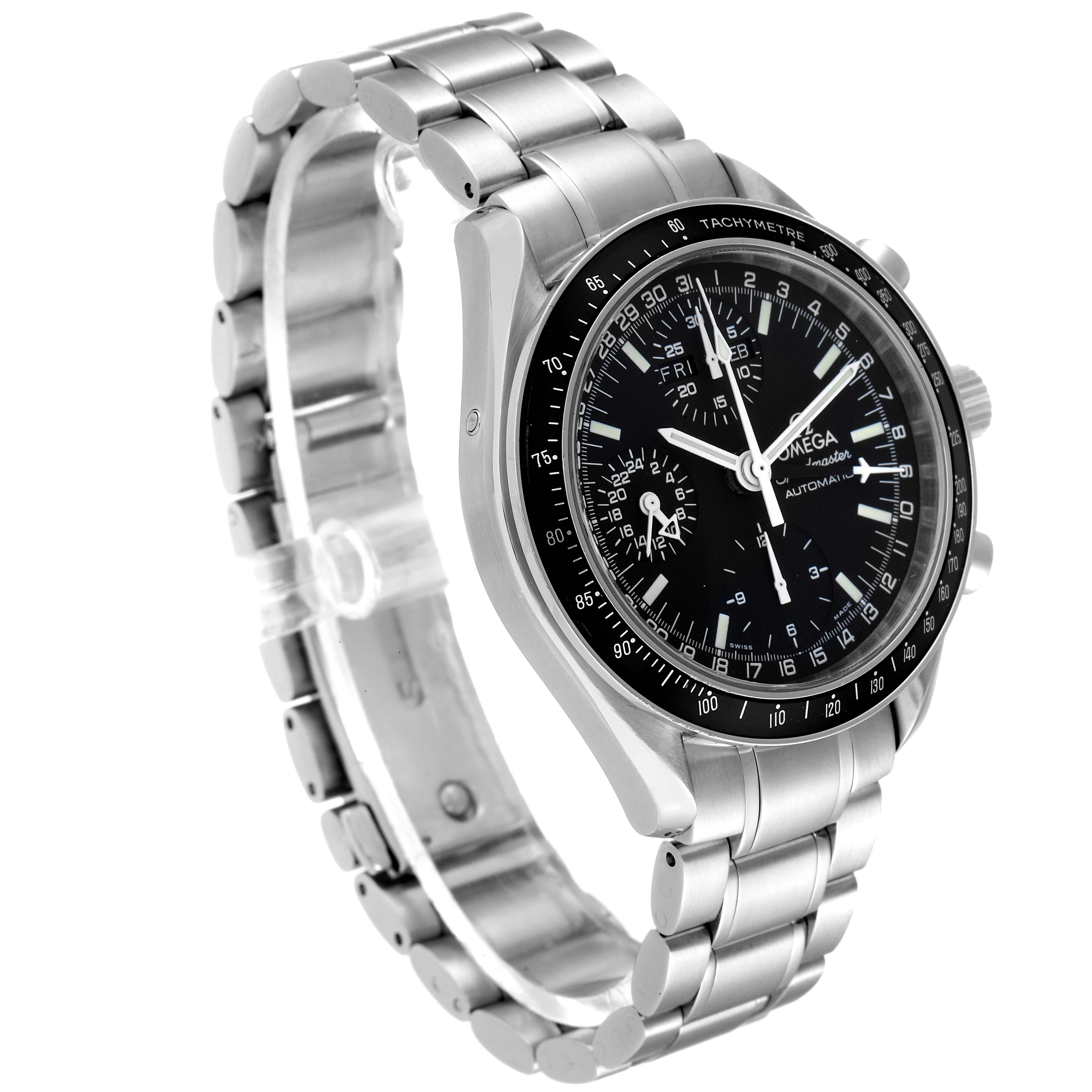 This Omega Speedmaster 3520.50.00 Men's Stainless Steel Black Dial 3520.50.00 Men's Stainless Steel Black Dial watch is shown at a three-quarter angle, displaying the bezel, dial, and stainless steel bracelet.