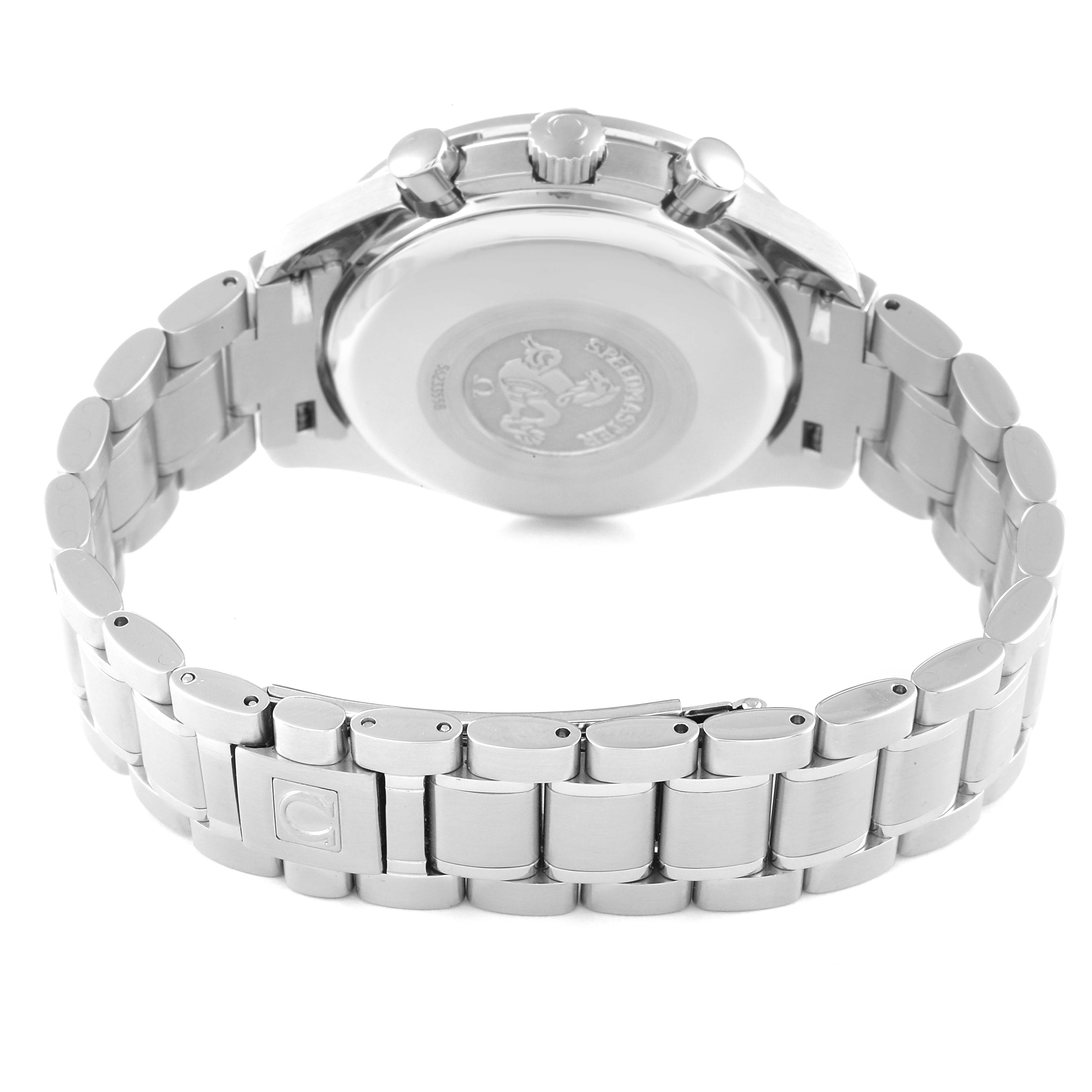 The image shows the back of the Omega Speedmaster 3520.50.00 Men's Stainless Steel Black Dial 3520.50.00 Men's Stainless Steel Black Dial watch, including the case back and the stainless steel bracelet.