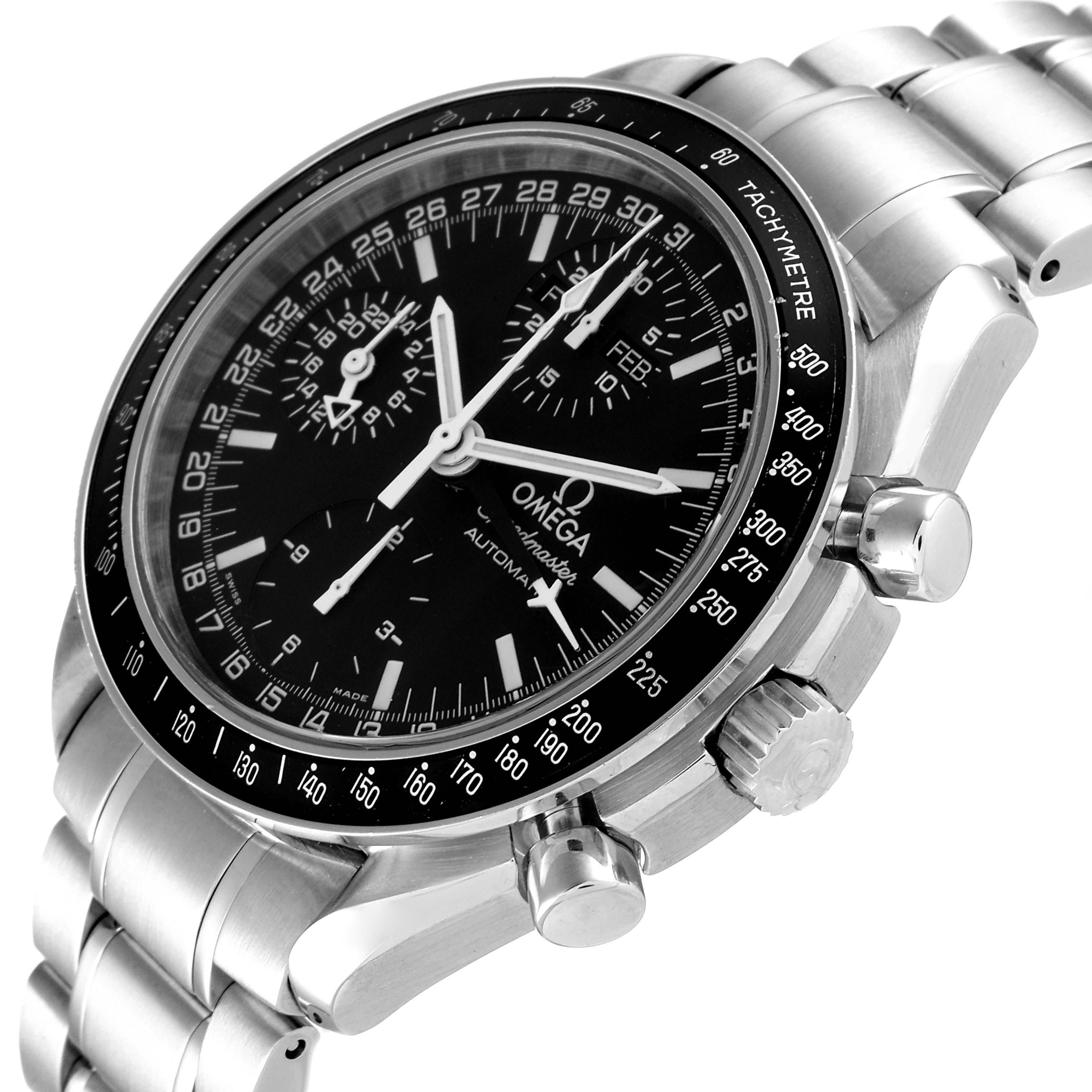 The Omega Speedmaster 3520.50.00 Men's Stainless Steel Black Dial 3520.50.00 Men's Stainless Steel Black Dial watch is shown at a slight angle, displaying its face, tachymeter bezel, pushers, and crown.