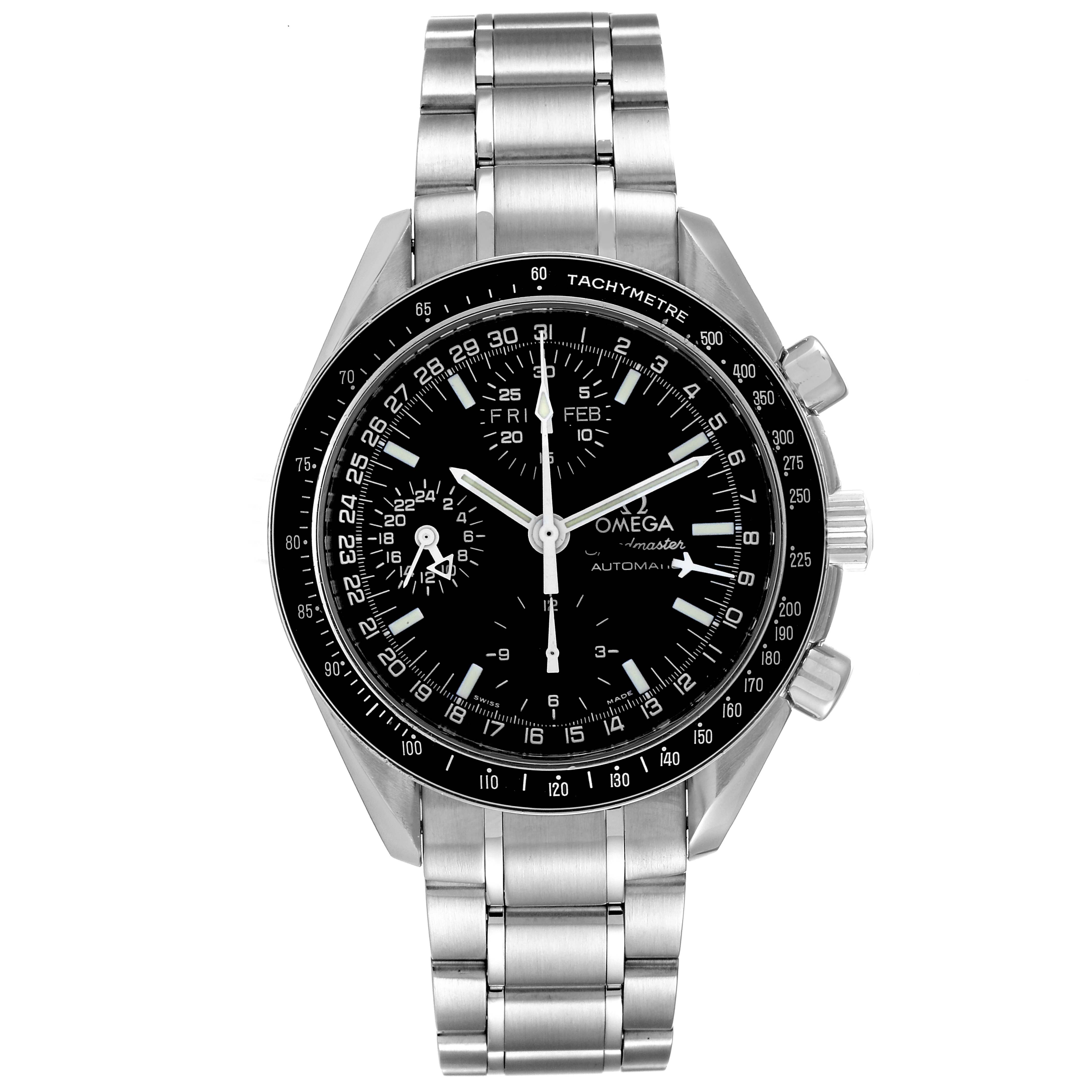 The image shows a frontal view of the Omega Speedmaster 3520.50.00 Men's Stainless Steel Black Dial 3520.50.00 Men's Stainless Steel Black Dial watch, highlighting its face, tachymeter bezel, and metal bracelet.