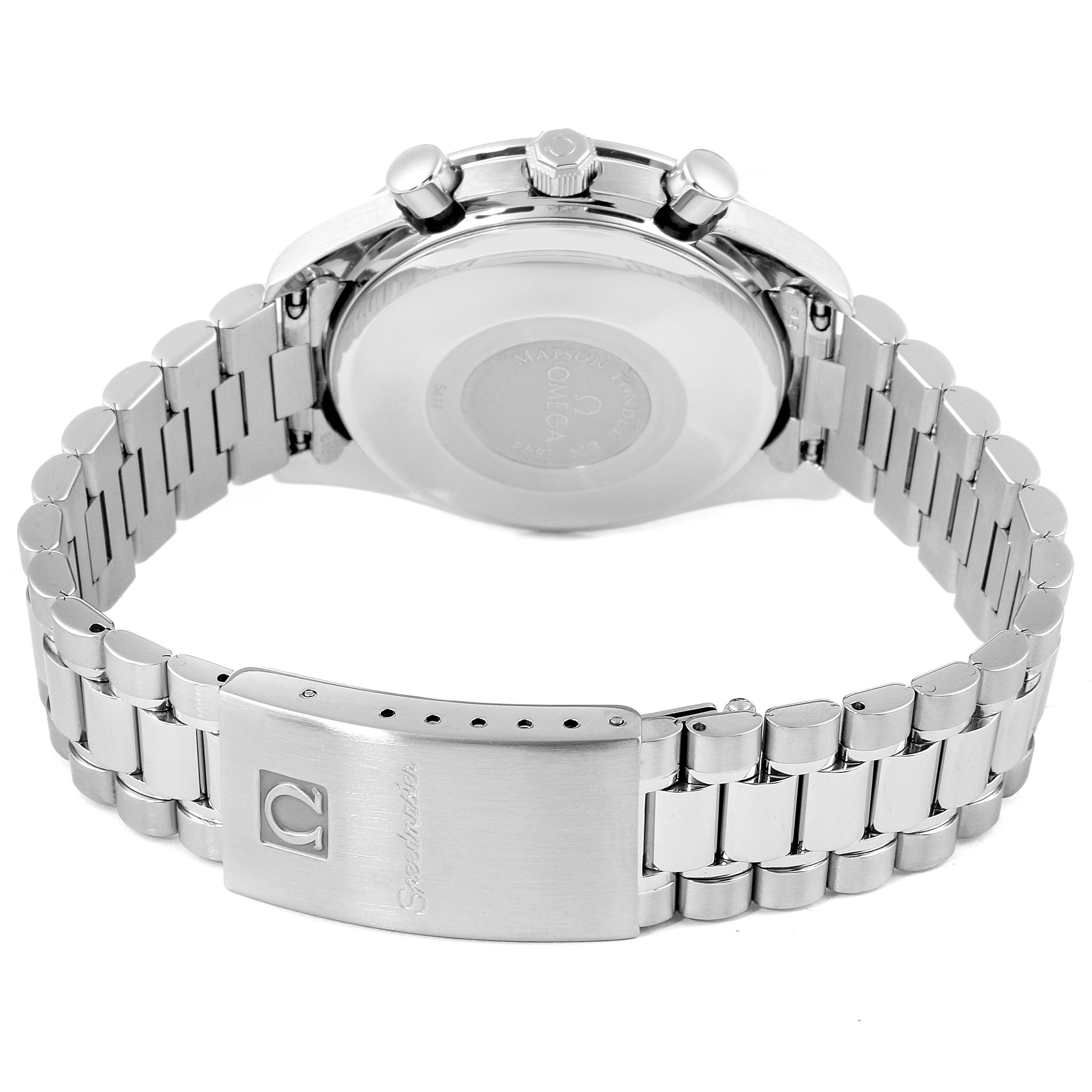 The image shows the back view of an Omega Speedmaster 3521.30.00 Men's Stainless Steel Silver Dial 3521.30.00 Men's Stainless Steel Silver Dial watch, highlighting its metal bracelet and clasp.