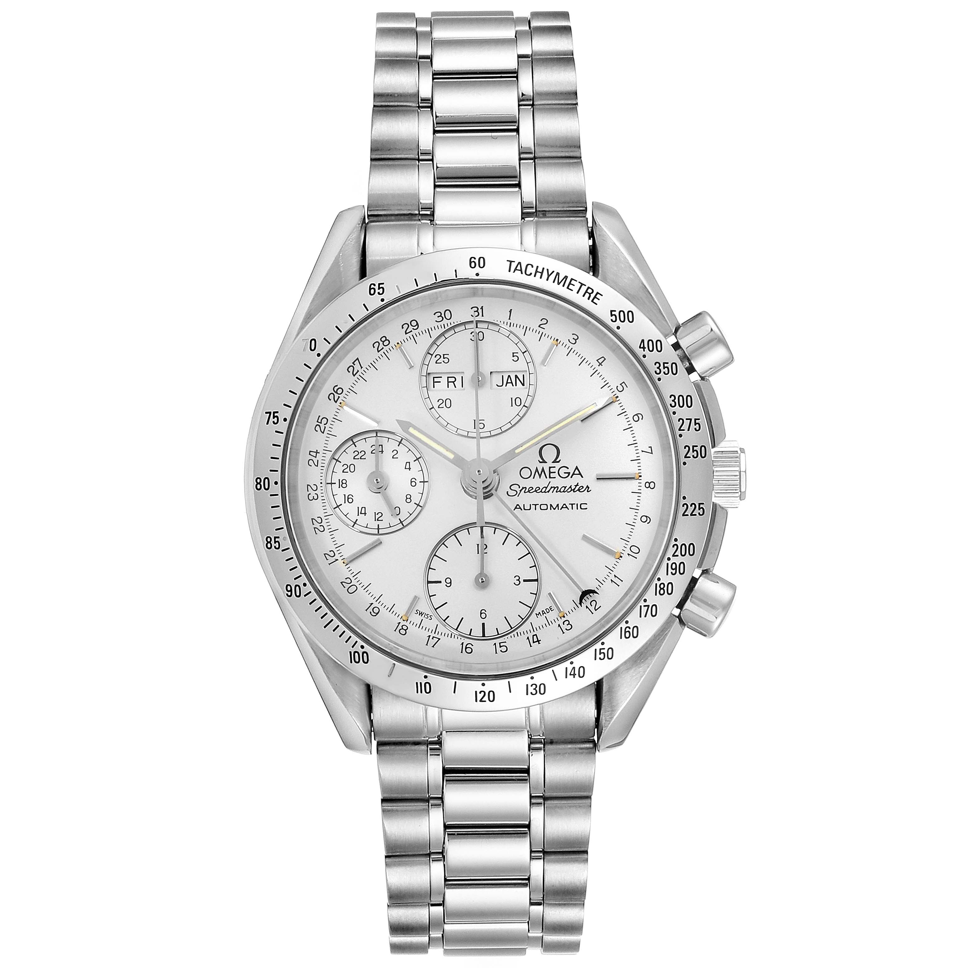 This image shows a frontal view of the Omega Speedmaster 3521.30.00 Men's Stainless Steel Silver Dial 3521.30.00 Men's Stainless Steel Silver Dial watch, displaying its face, bezel, crown, and metal bracelet.