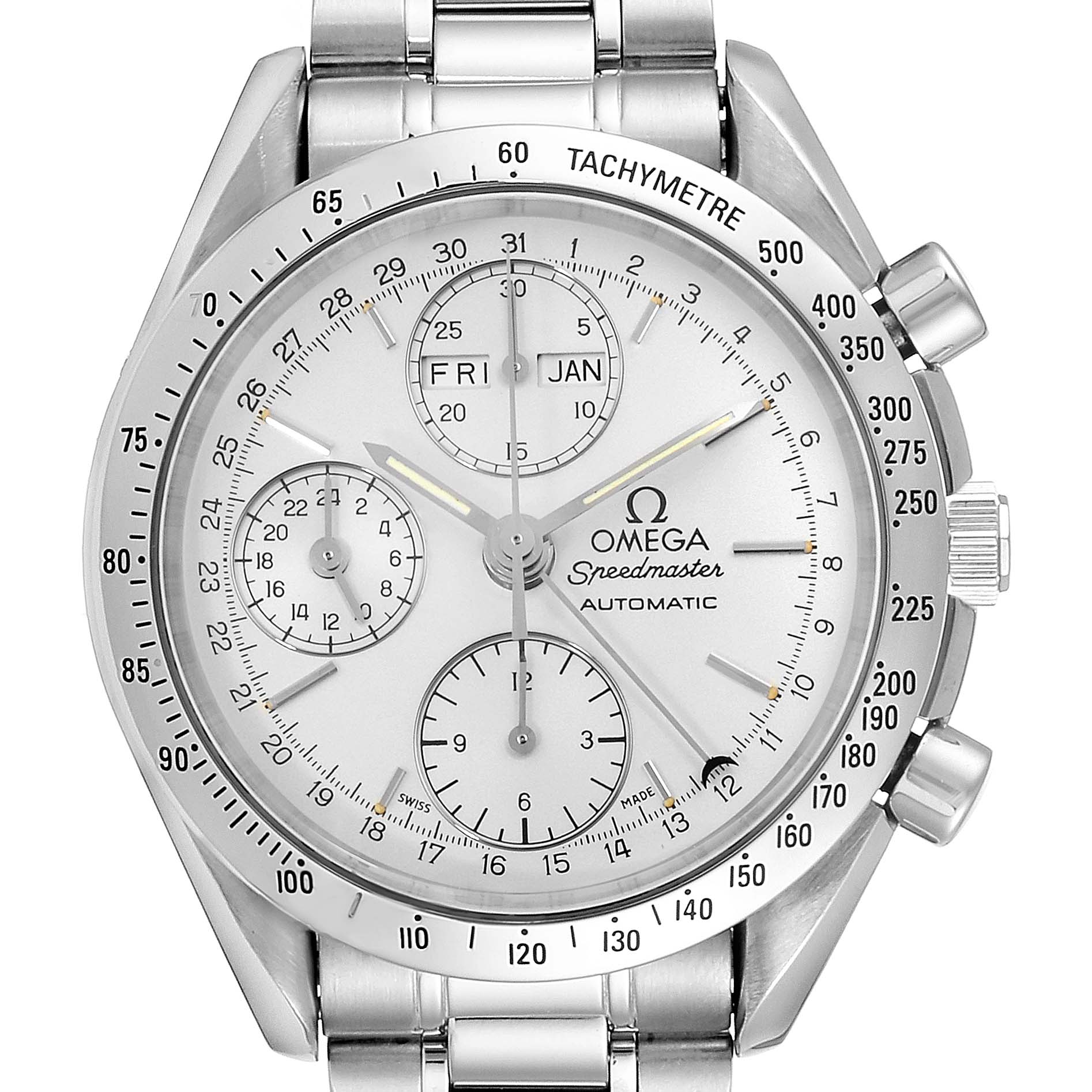This image shows a front view of the Omega Speedmaster 3521.30.00 Men's Stainless Steel Silver Dial 3521.30.00 Men's Stainless Steel Silver Dial watch, displaying its face, subdials, tachymeter, and stainless steel bracelet.