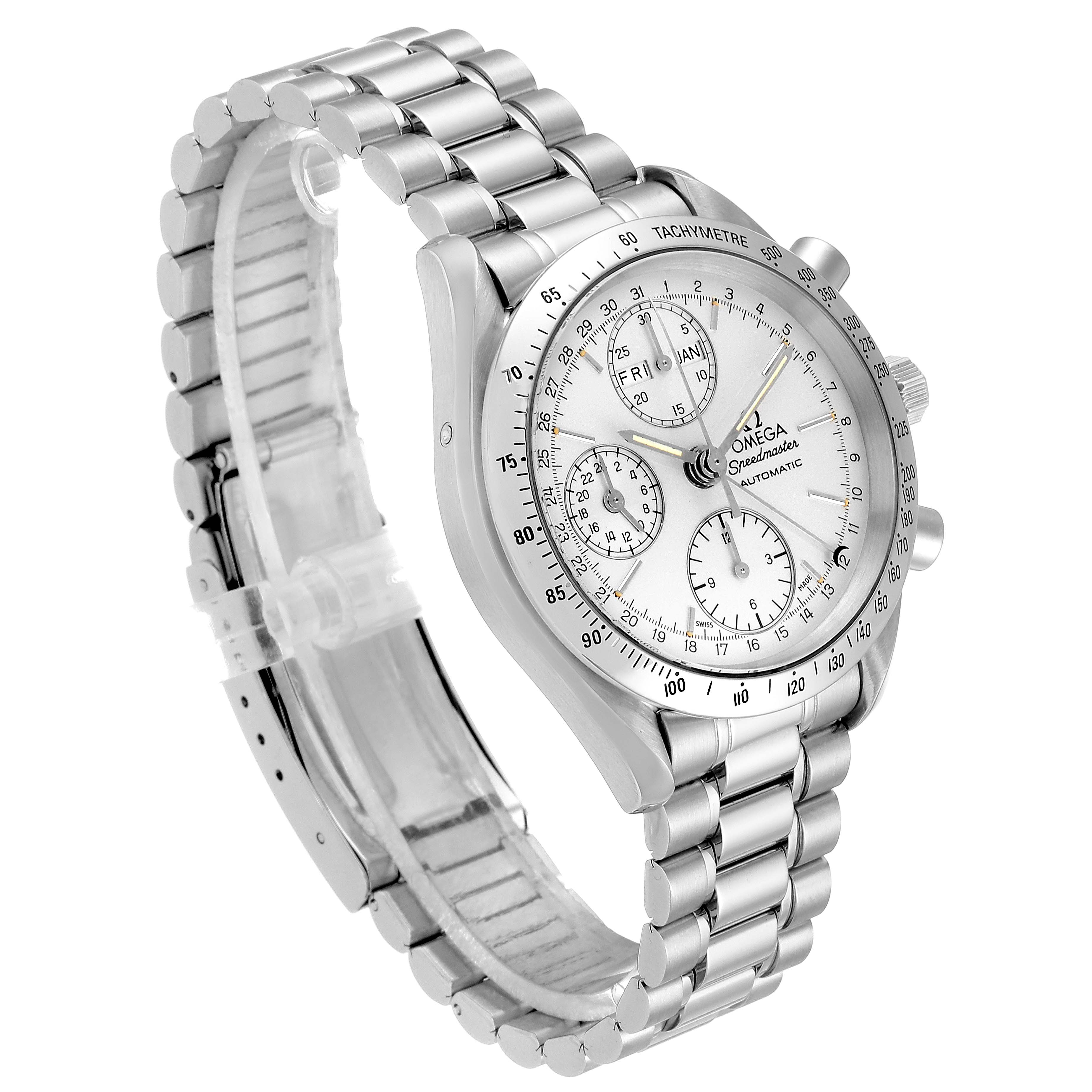 This image shows an Omega Speedmaster 3521.30.00 Men's Stainless Steel Silver Dial 3521.30.00 Men's Stainless Steel Silver Dial watch from an angled side view, showcasing its dial, bezel, and stainless steel bracelet.