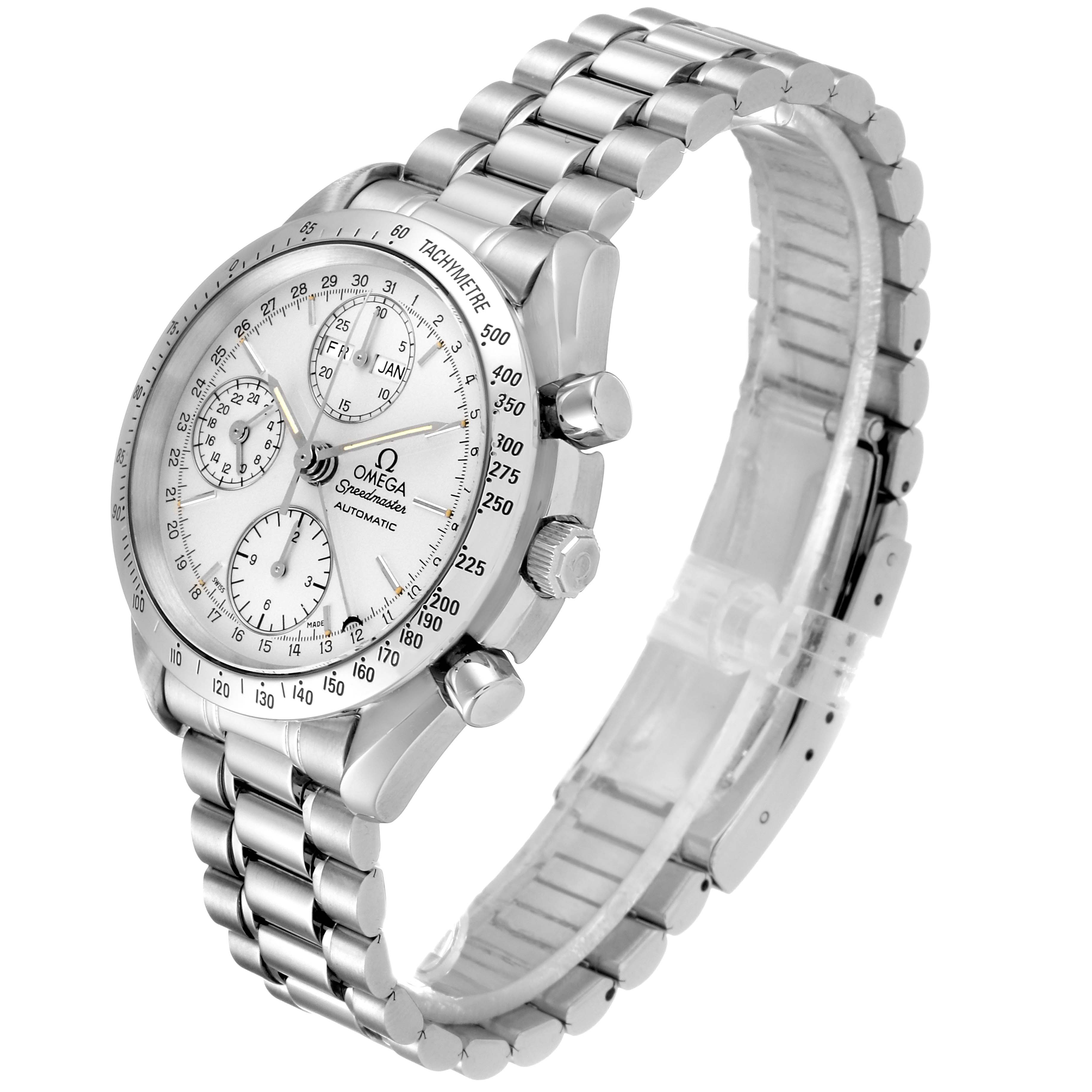 The Omega Speedmaster 3521.30.00 Men's Stainless Steel Silver Dial 3521.30.00 Men's Stainless Steel Silver Dial watch is shown at an angled side view, featuring its dial, bezel, crown, pushers, and metal bracelet.