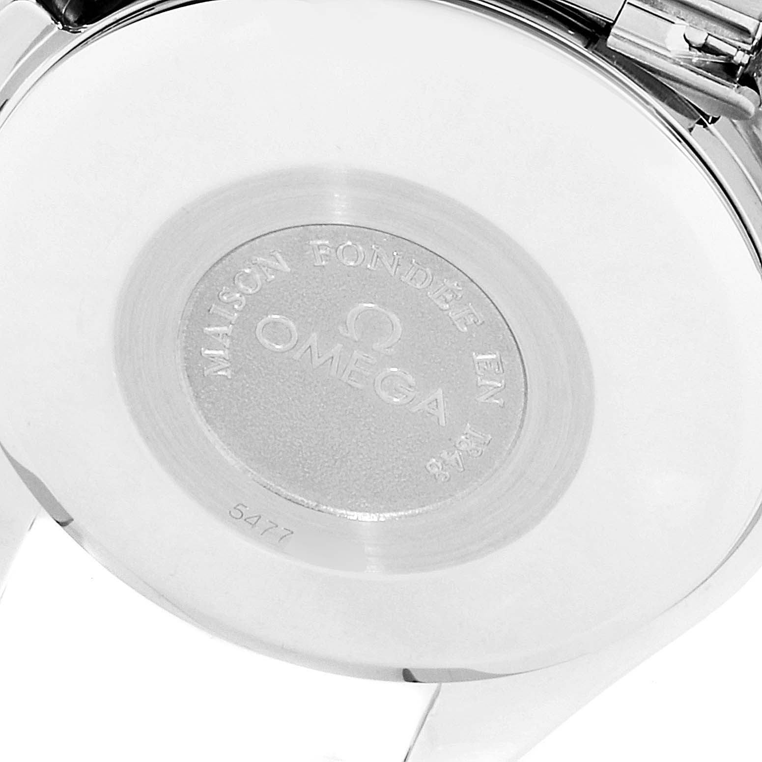 The image shows the case back of an Omega Speedmaster 3521.30.00 Men's Stainless Steel Silver Dial 3521.30.00 Men's Stainless Steel Silver Dial watch, focusing on the engraved logo and serial number.