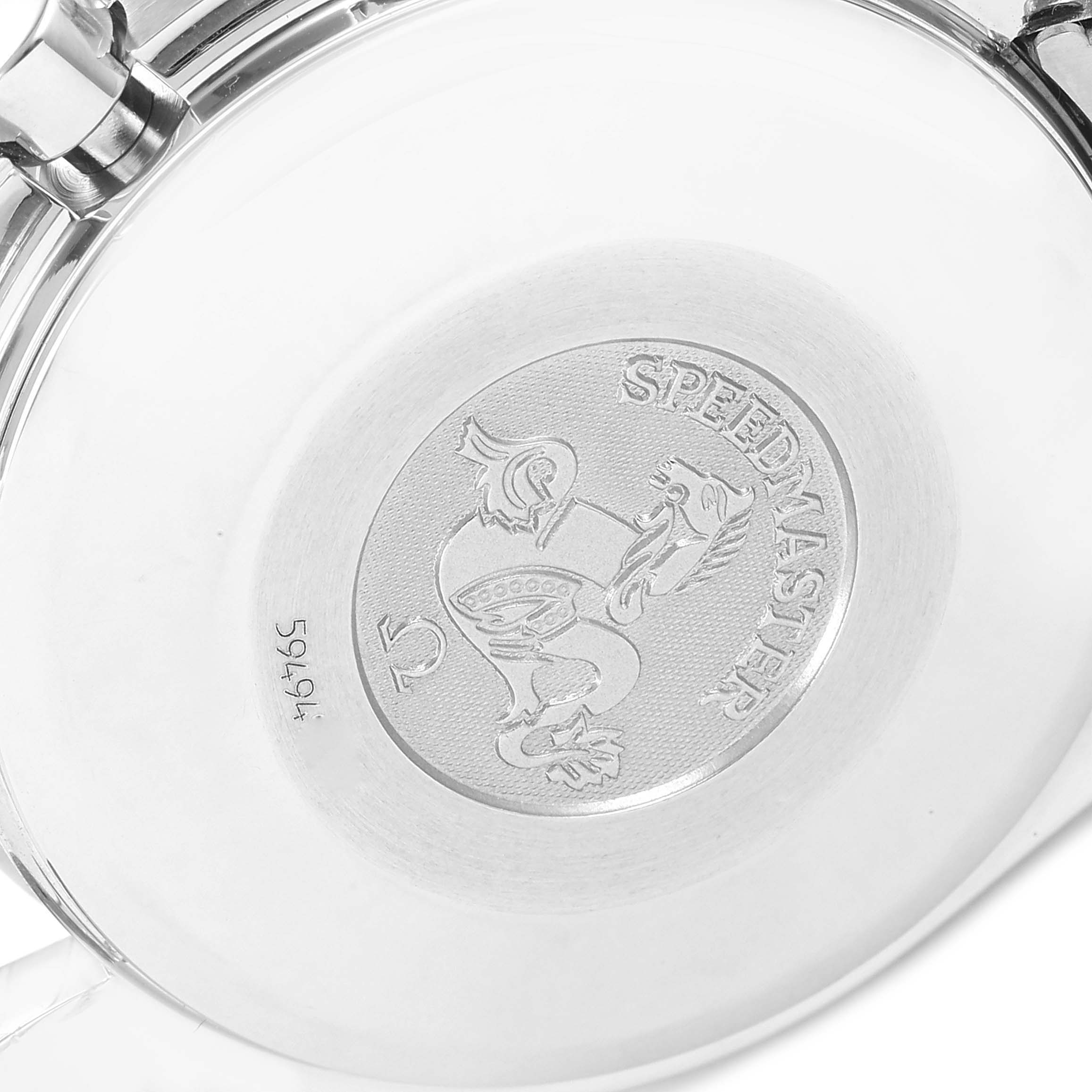 This image shows the engraved case back of an Omega Speedmaster 3523.30.00 Men's Stainless Steel Silver Dial 3523.30.00 Men's Stainless Steel Silver Dial watch.