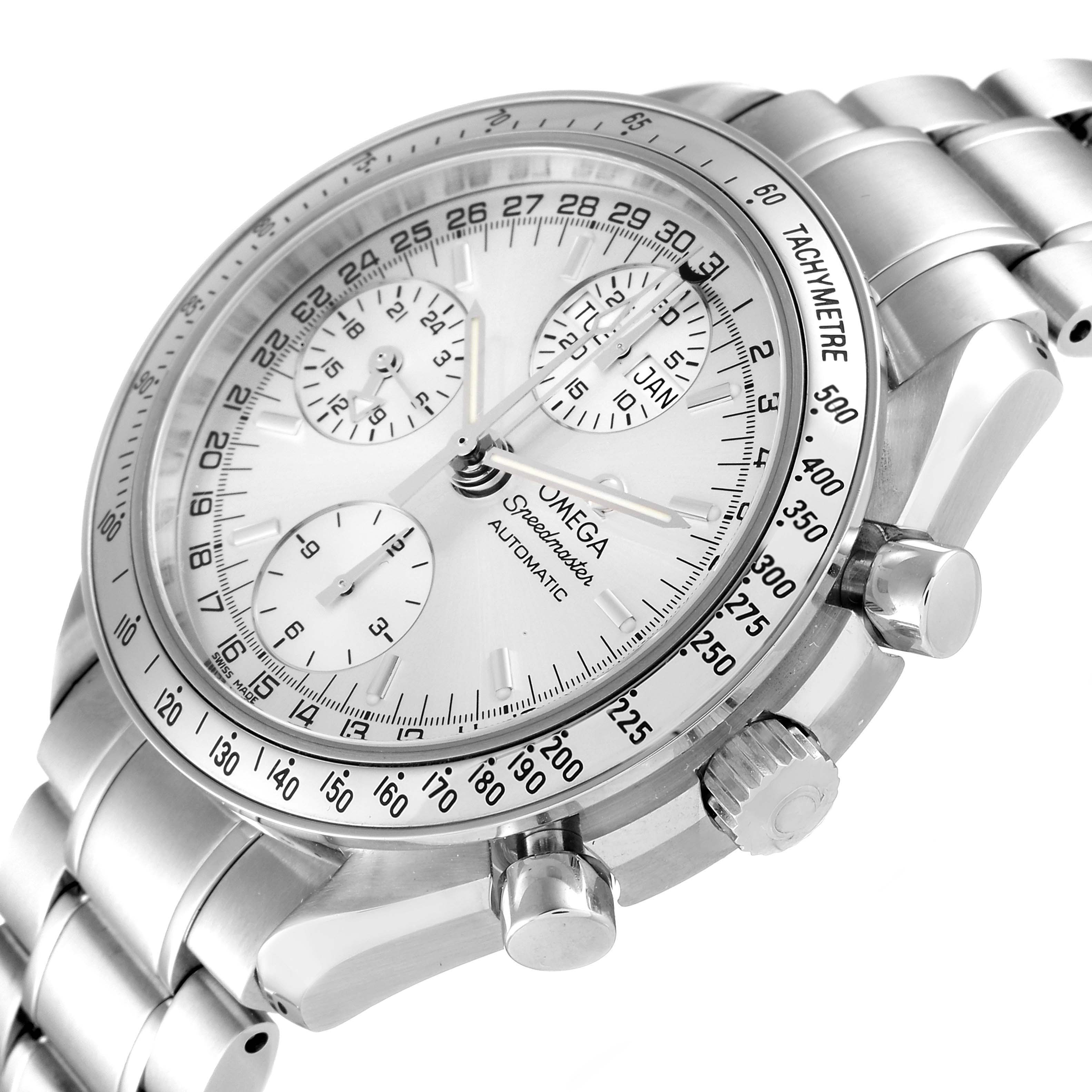 The image shows an Omega Speedmaster 3523.30.00 Men's Stainless Steel Silver Dial 3523.30.00 Men's Stainless Steel Silver Dial watch at an angled close-up, featuring the dial, tachymeter bezel, pushers, and part of the bracelet.