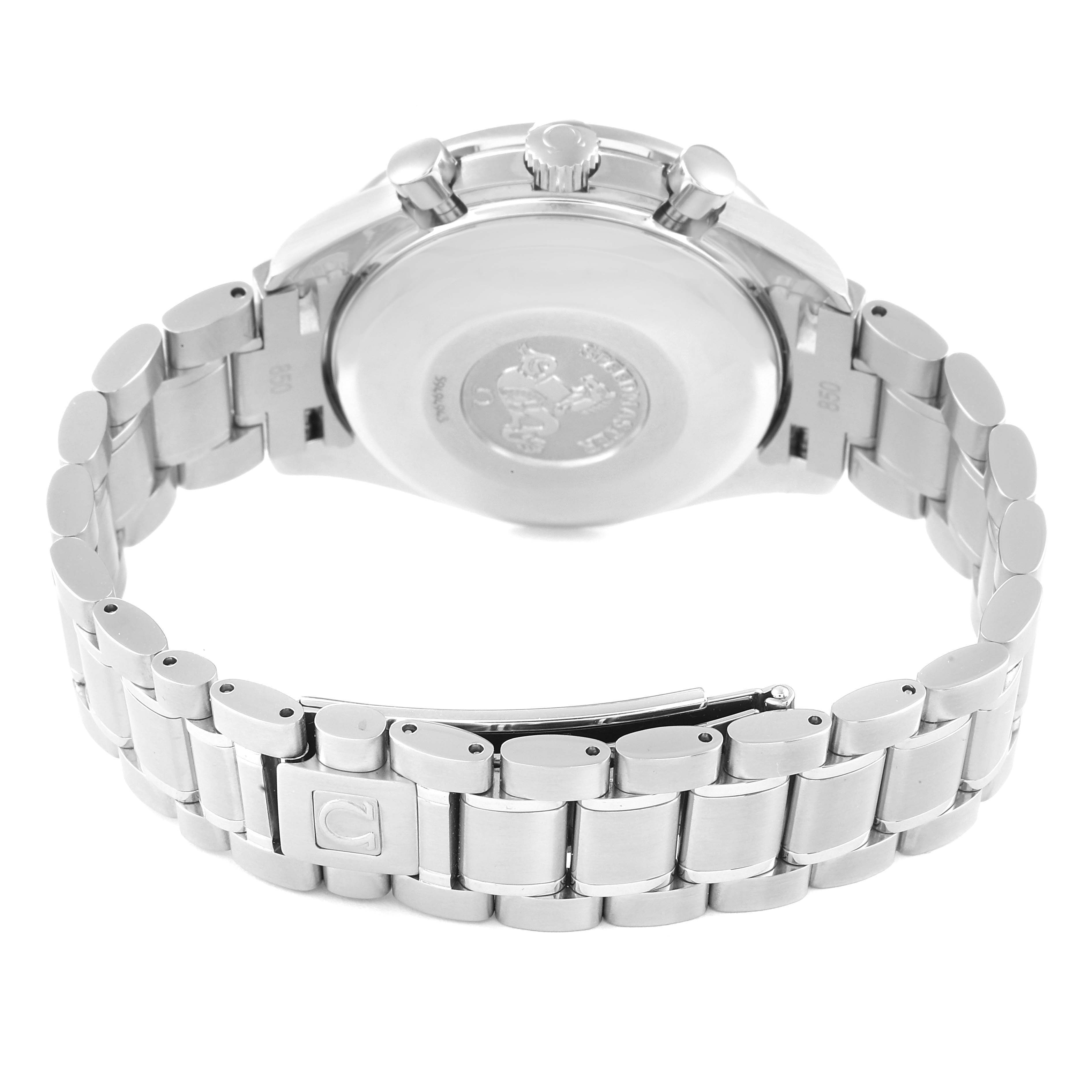 The image shows the back case and metal bracelet of an Omega Speedmaster 3523.30.00 Men's Stainless Steel Silver Dial 3523.30.00 Men's Stainless Steel Silver Dial watch from a rear angle.