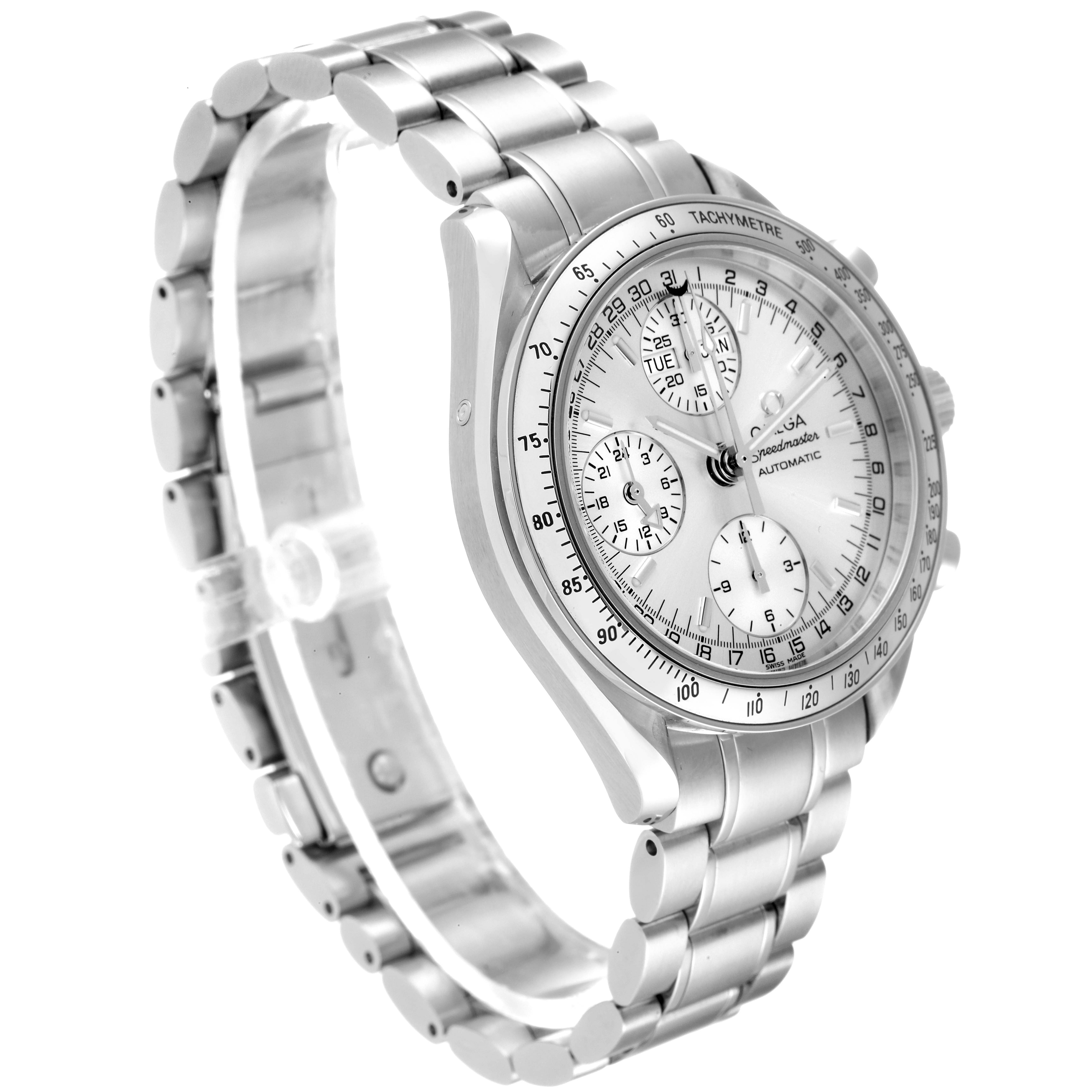 The Omega Speedmaster 3523.30.00 Men's Stainless Steel Silver Dial 3523.30.00 Men's Stainless Steel Silver Dial watch is shown from a front-side angle, displaying its face, bezel, and metal bracelet.
