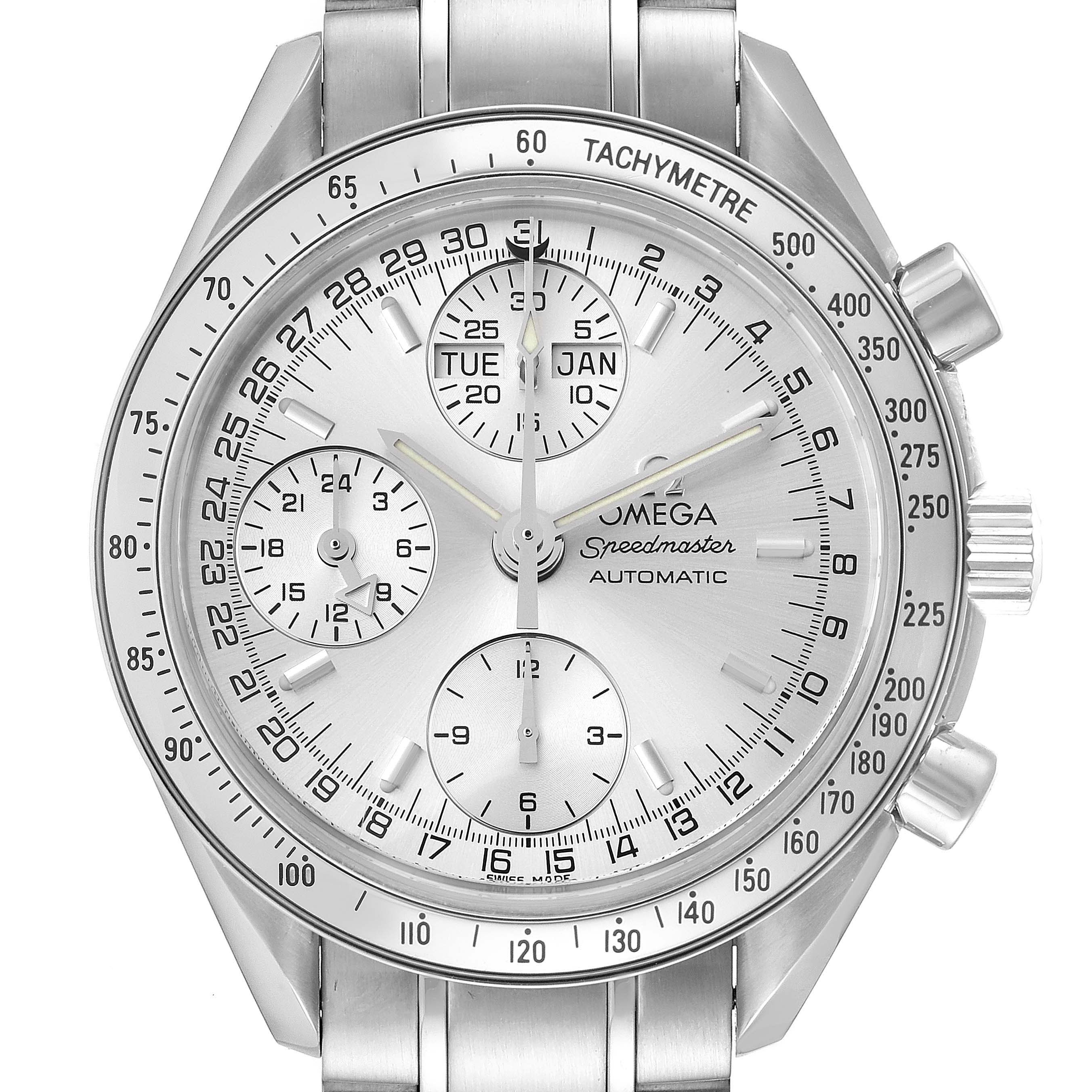 The image shows a front angle of an Omega Speedmaster 3523.30.00 Men's Stainless Steel Silver Dial 3523.30.00 Men's Stainless Steel Silver Dial watch, highlighting the dial, subdials, bezel, and pushers.