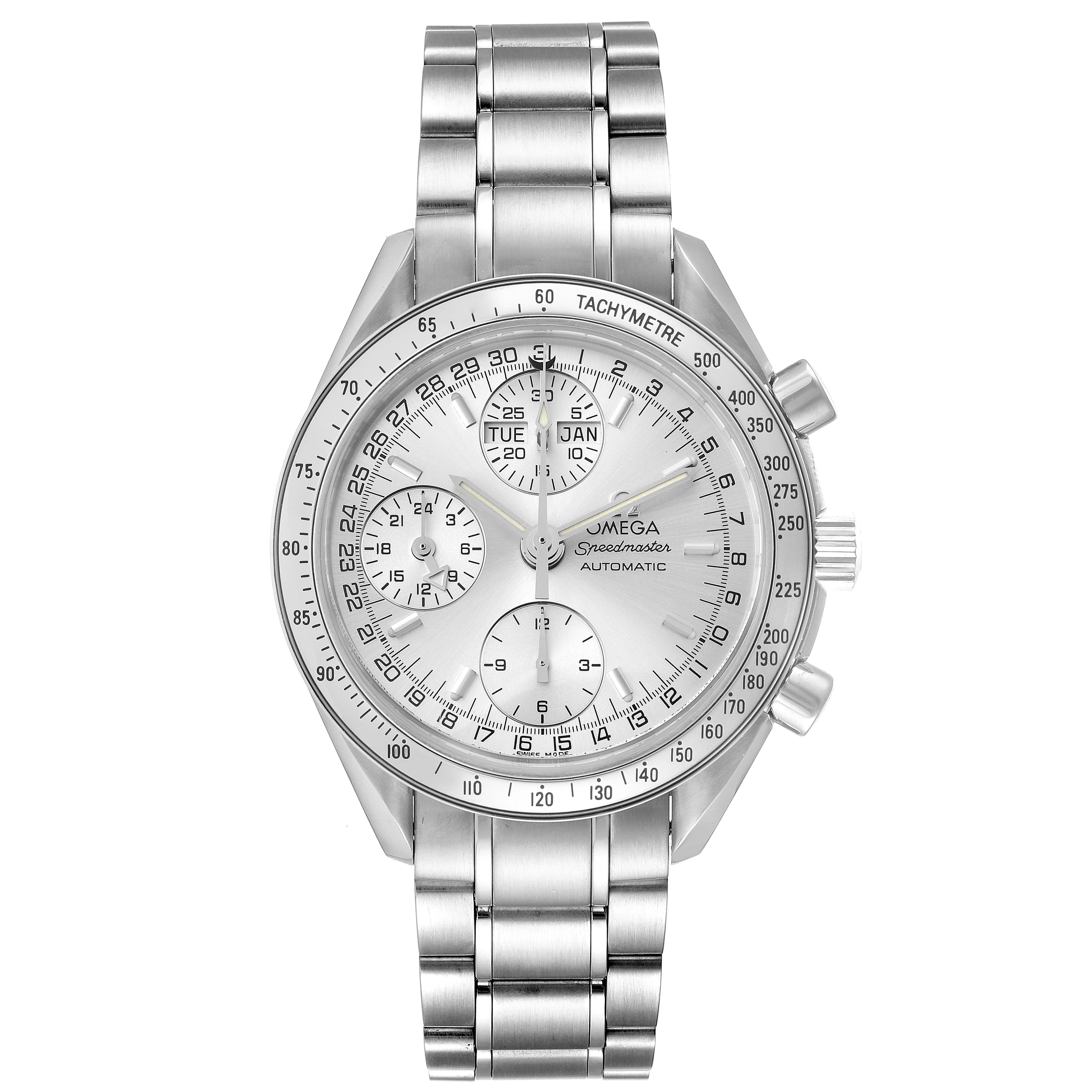 The image shows a front view of an Omega Speedmaster 3523.30.00 Men's Stainless Steel Silver Dial 3523.30.00 Men's Stainless Steel Silver Dial watch, highlighting its dial, subdials, tachymeter bezel, and metal bracelet.