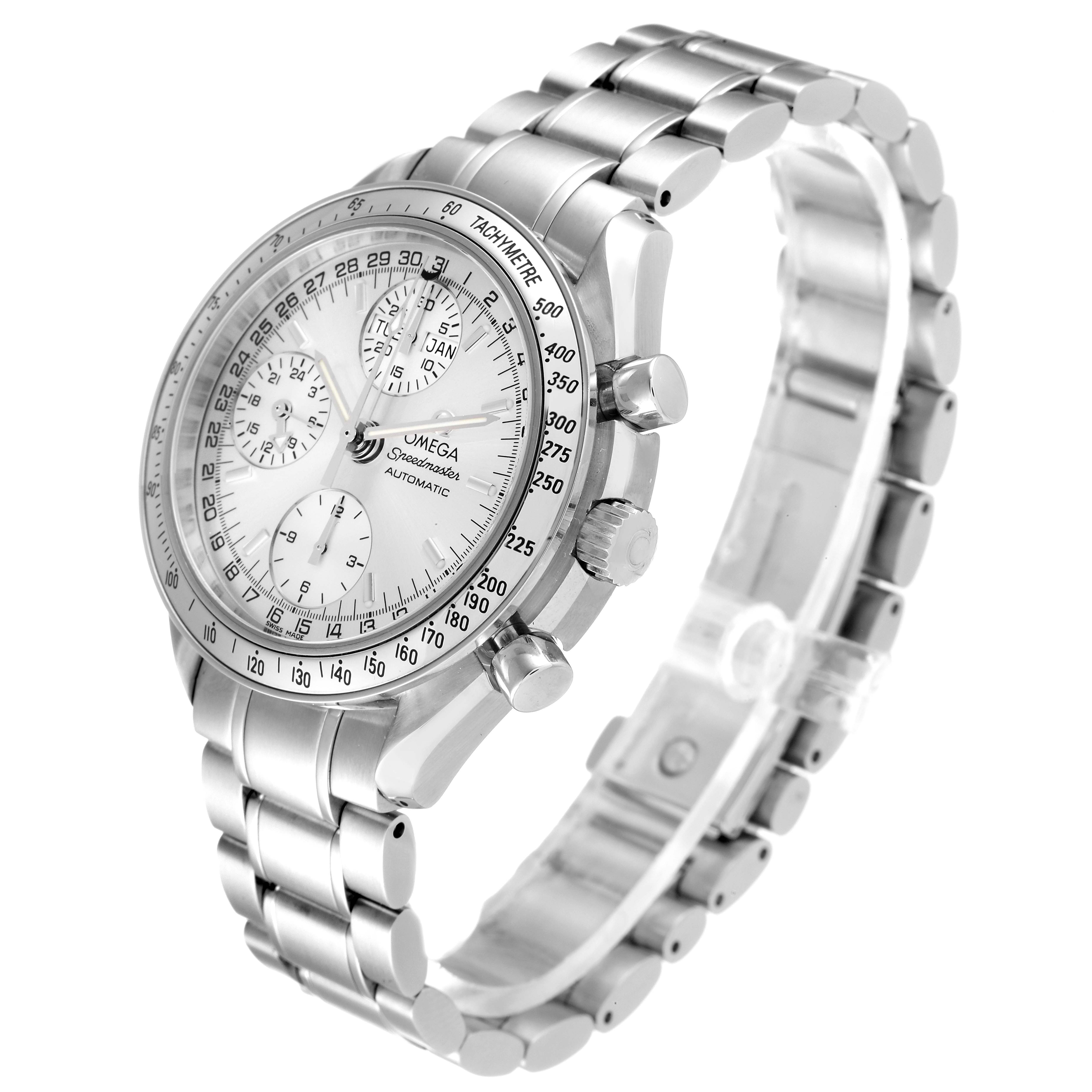 The Omega Speedmaster 3523.30.00 Men's Stainless Steel Silver Dial 3523.30.00 Men's Stainless Steel Silver Dial watch is shown at a 3/4 angle, featuring its stainless steel case, bracelet, and dial with chronograph functions.