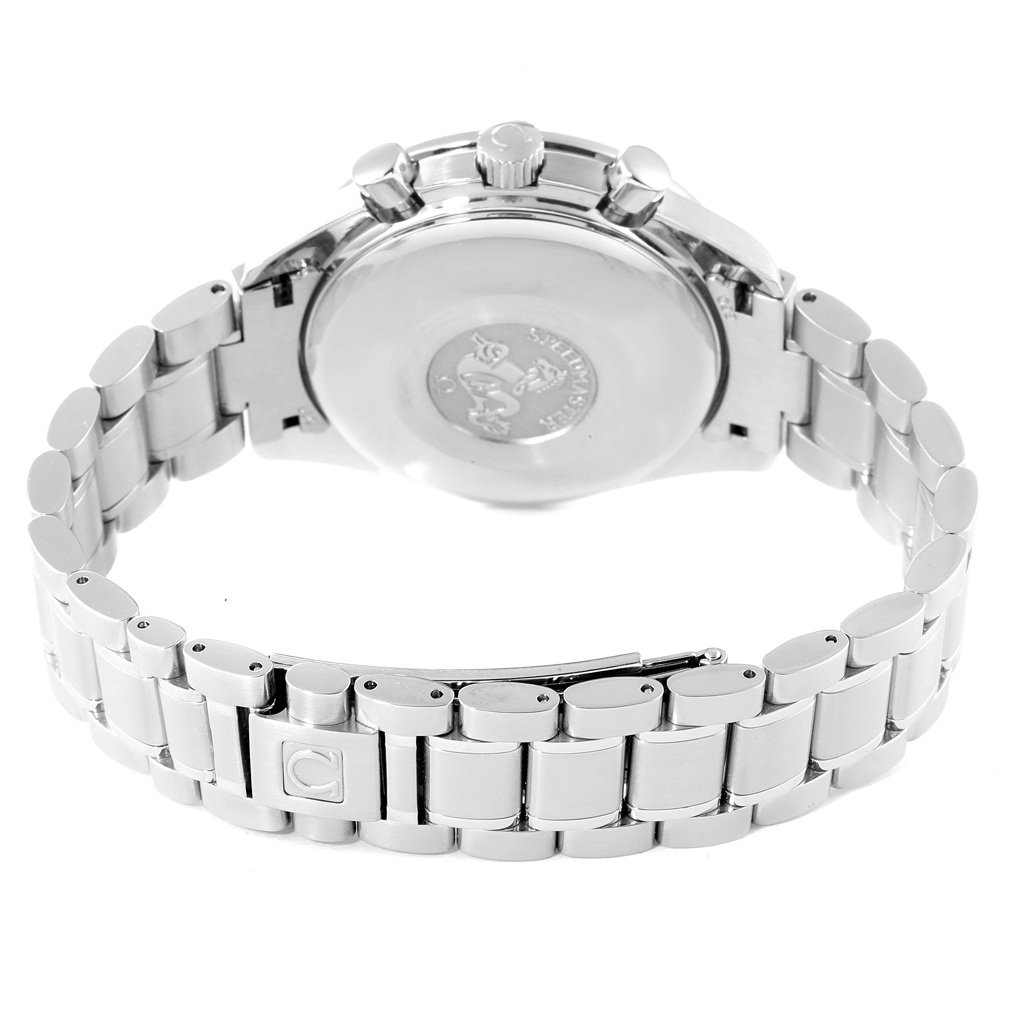 This image shows the back view of an Omega Speedmaster 3523.30.00 Men's Stainless Steel Silver Dial 3523.30.00 Men's Stainless Steel Silver Dial watch, highlighting its case back and metal bracelet.