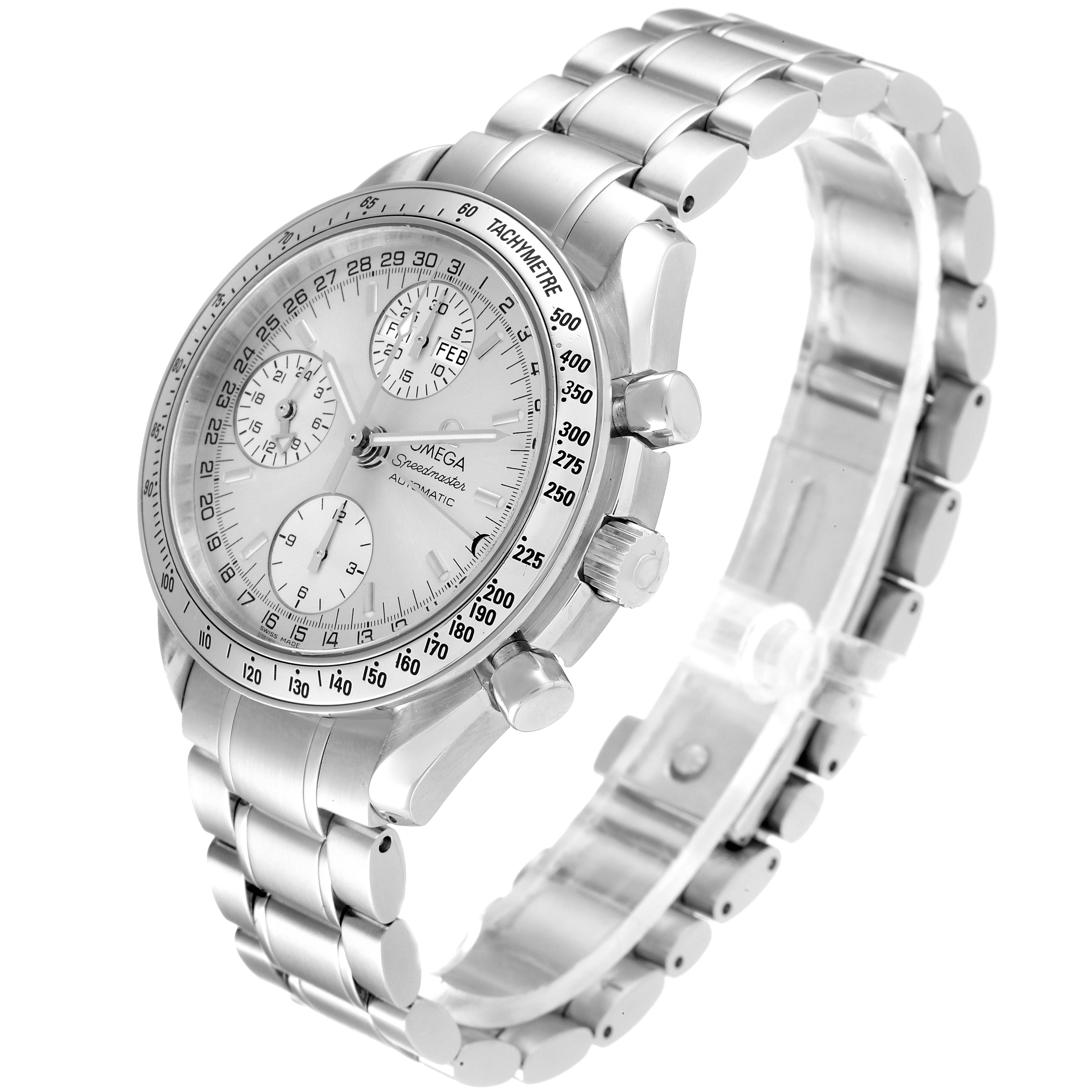 The Omega Speedmaster 3523.30.00 Men's Stainless Steel Silver Dial 3523.30.00 Men's Stainless Steel Silver Dial watch is shown at a three-quarter angle, highlighting the face, bezel, crown, pushers, and metal bracelet.