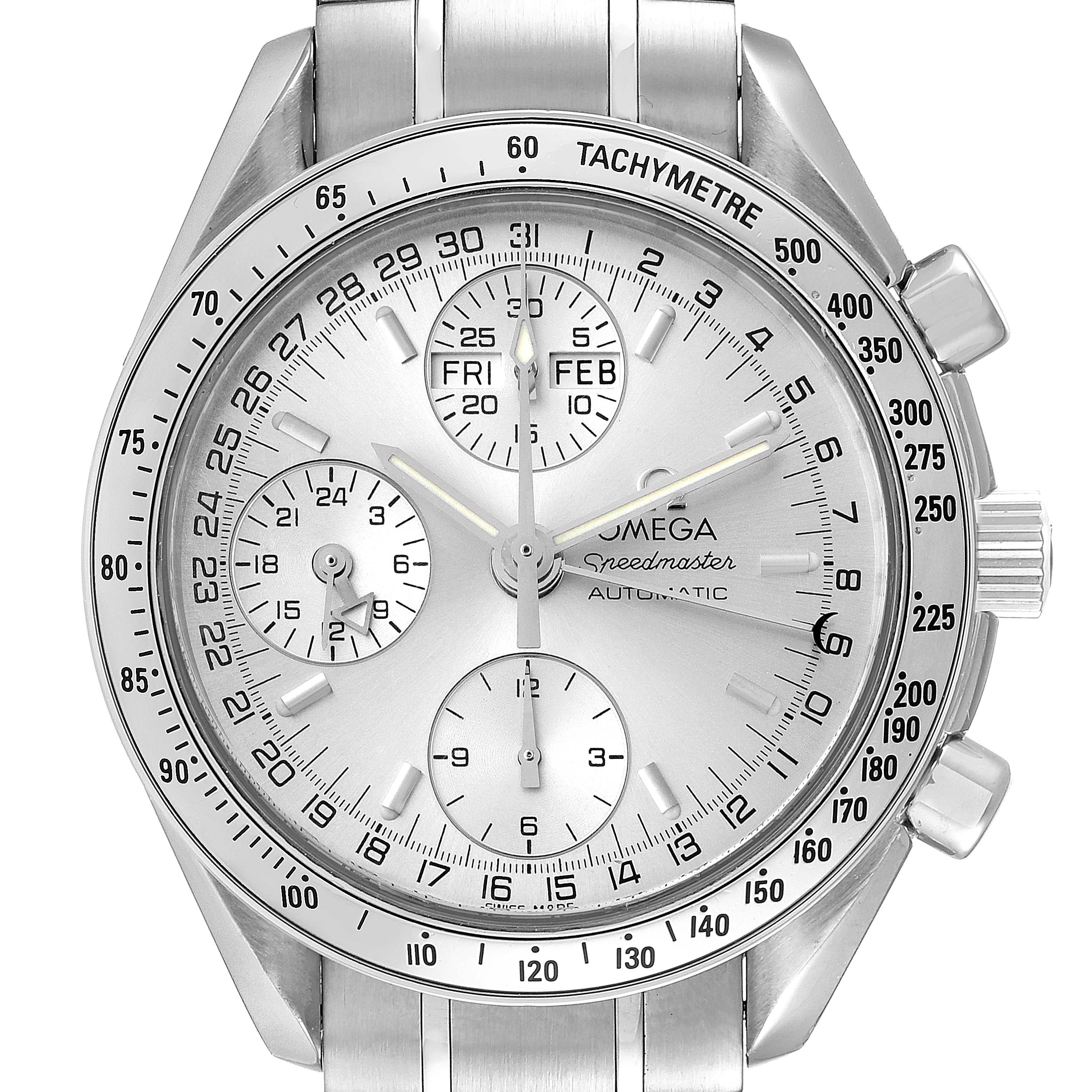 This Omega Speedmaster 3523.30.00 Men's Stainless Steel Silver Dial 3523.30.00 Men's Stainless Steel Silver Dial watch is shown from a top-down angle, displaying its dial, tachymeter bezel, and metal bracelet.