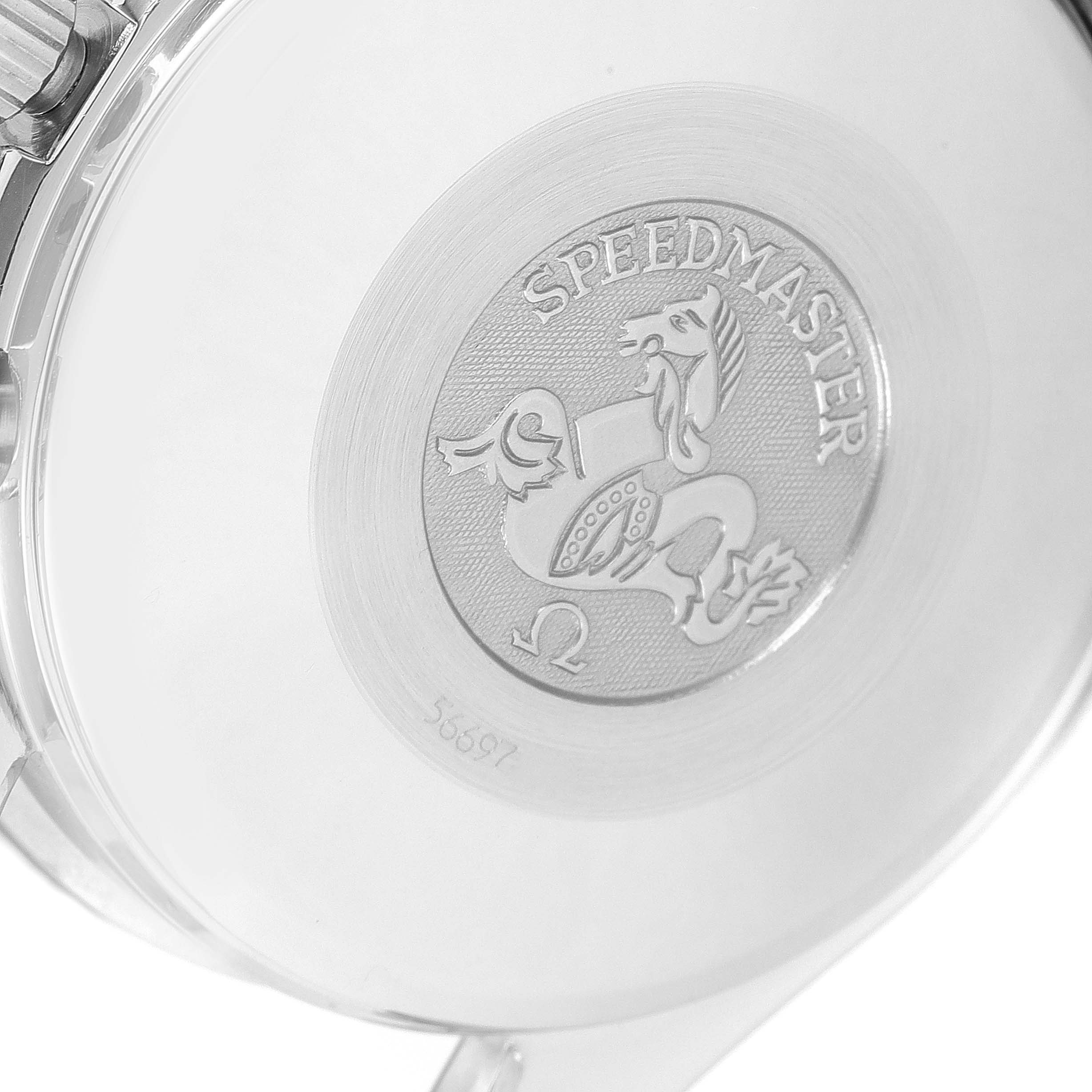 The image shows the engraved case back of an Omega Speedmaster 3523.30.00 Men's Stainless Steel Silver Dial 3523.30.00 Men's Stainless Steel Silver Dial watch with the Speedmaster logo.