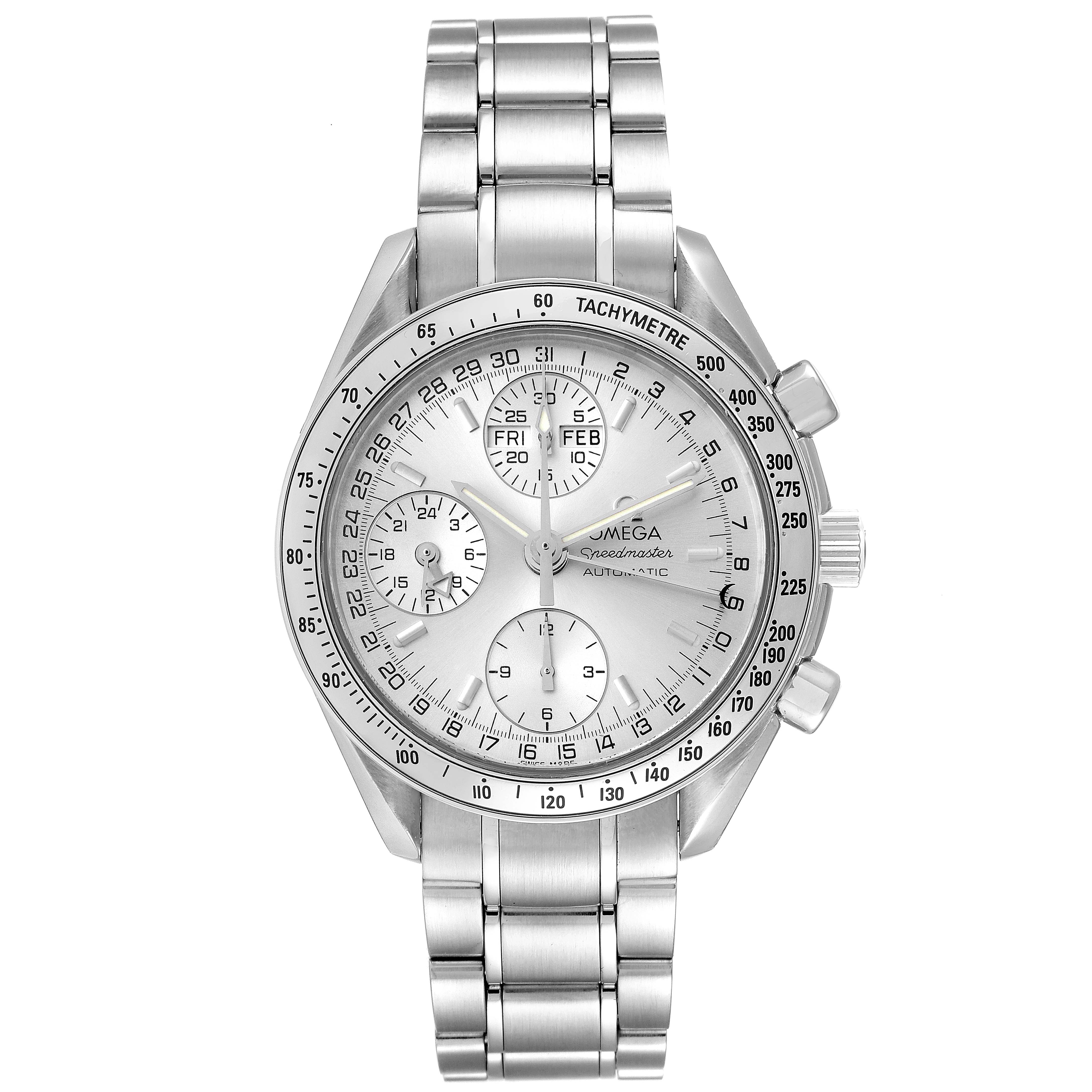 The image shows an Omega Speedmaster 3523.30.00 Men's Stainless Steel Silver Dial 3523.30.00 Men's Stainless Steel Silver Dial watch from a front angle, displaying the face, dials, and stainless steel bracelet.