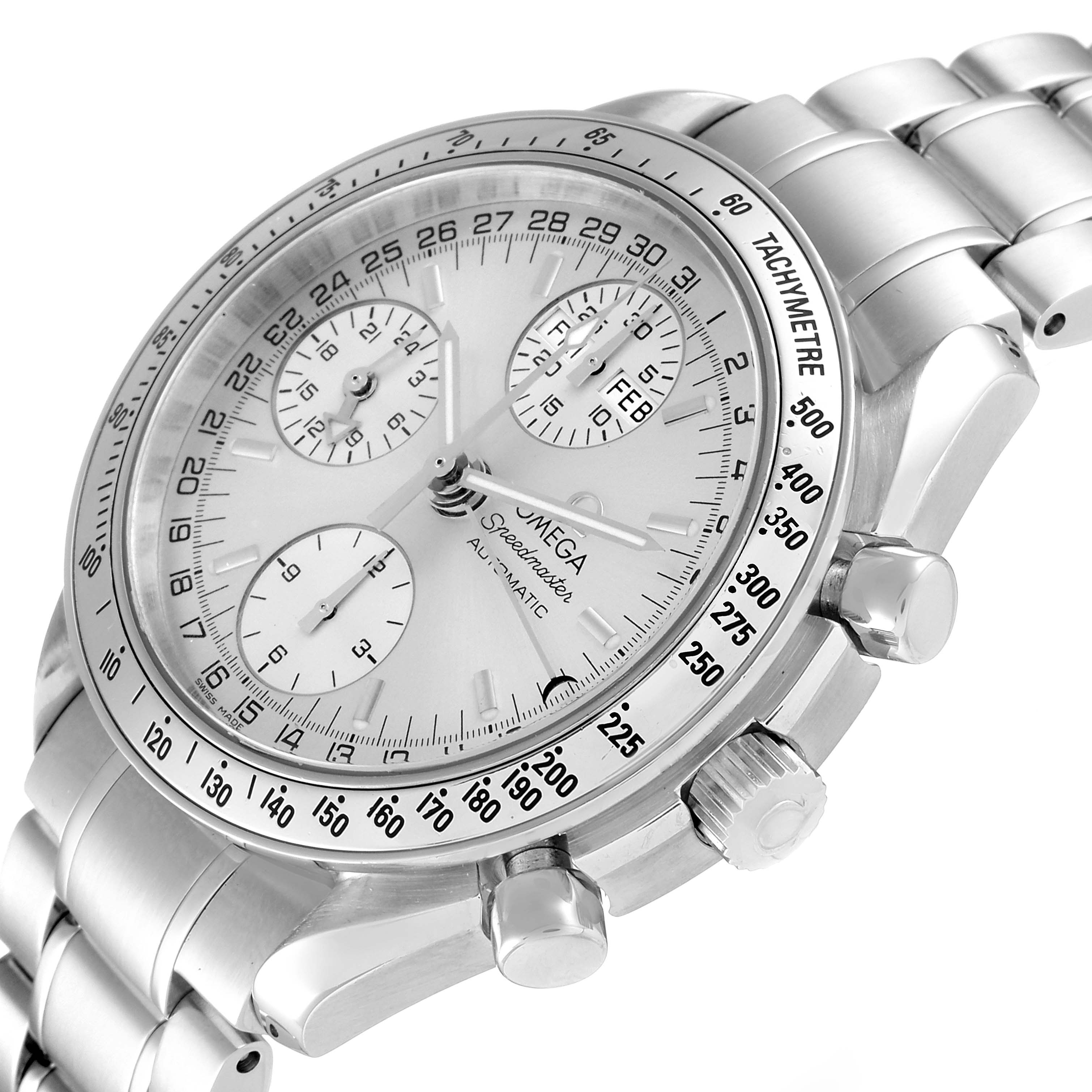The image shows a close-up angle of an Omega Speedmaster 3523.30.00 Men's Stainless Steel Silver Dial 3523.30.00 Men's Stainless Steel Silver Dial watch, highlighting its face, bezel, chronograph dials, and metal bracelet.