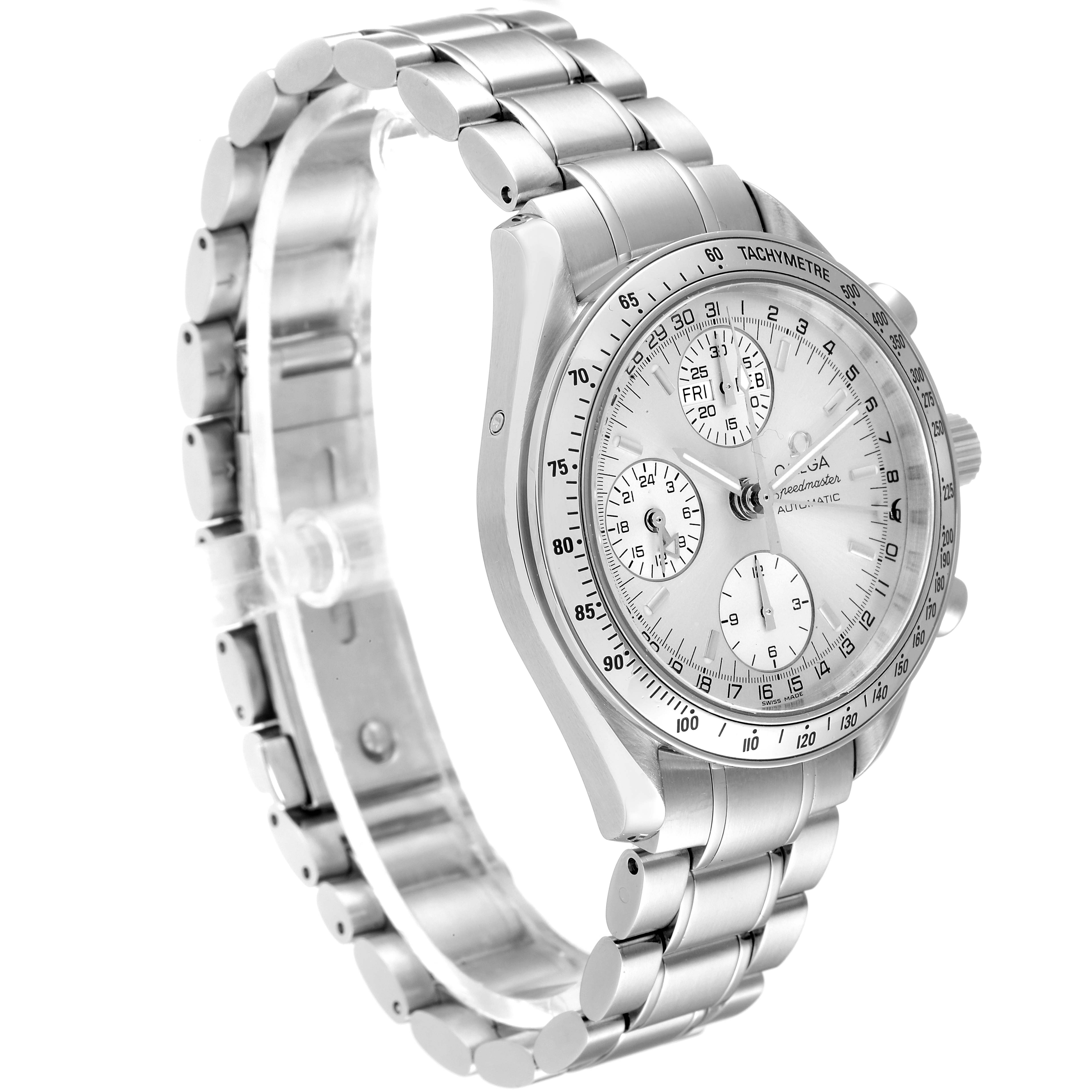 This image shows a three-quarter profile of the Omega Speedmaster 3523.30.00 Men's Stainless Steel Silver Dial 3523.30.00 Men's Stainless Steel Silver Dial watch, highlighting the dial, tachymeter, and metal bracelet.
