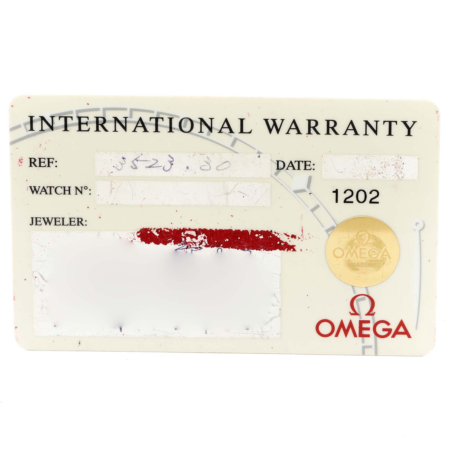 This image shows the international warranty card for the Omega Speedmaster 3523.30.00 Men's Stainless Steel Silver Dial 3523.30.00 Men's Stainless Steel Silver Dial watch model.