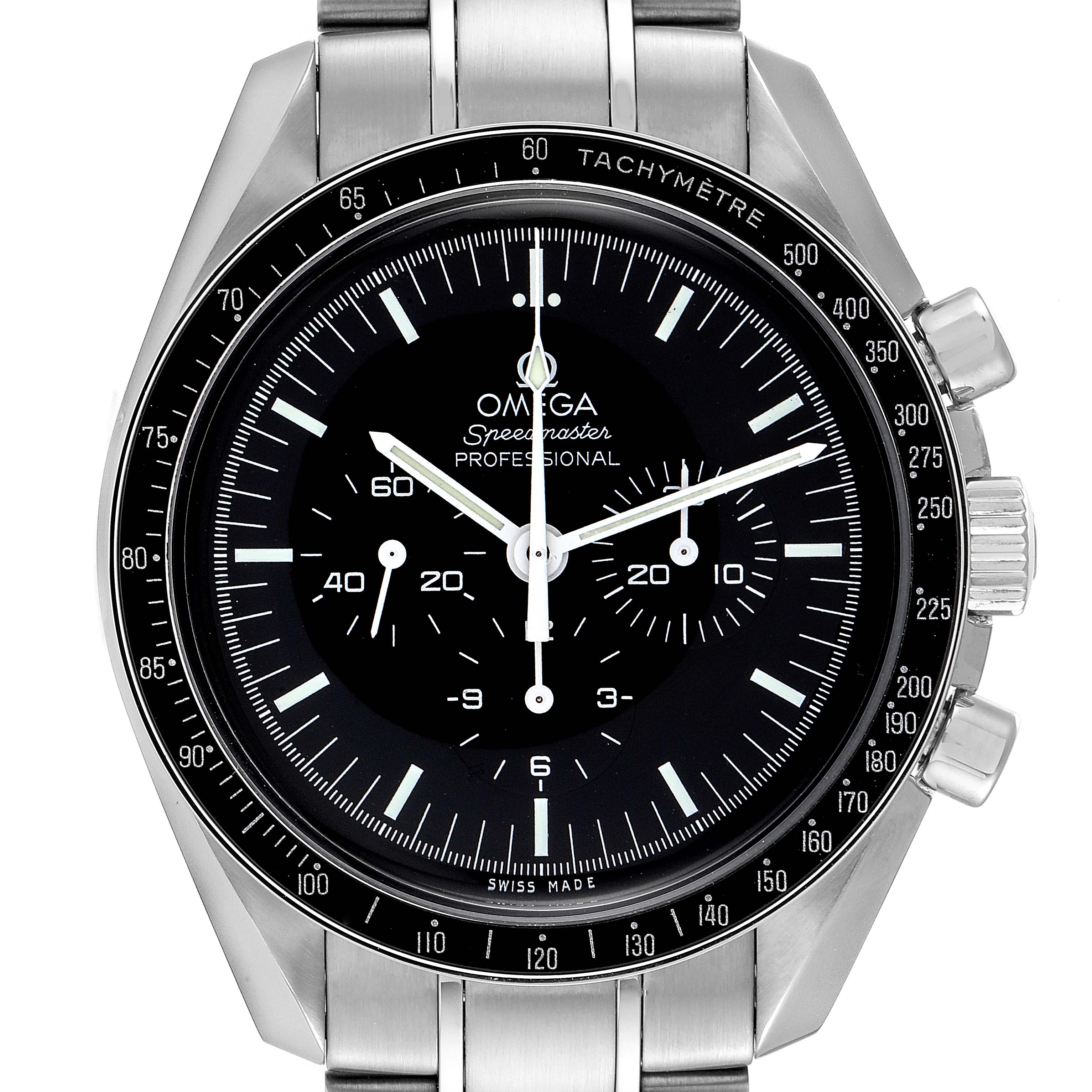 The image shows a front view of an Omega Speedmaster 311.30.42.30.01.005 Men's Stainless Steel Black Dial 311.30.42.30.01.005 Men's Stainless Steel Black Dial watch, highlighting its dial, tachymeter bezel, and chronograph subdials.