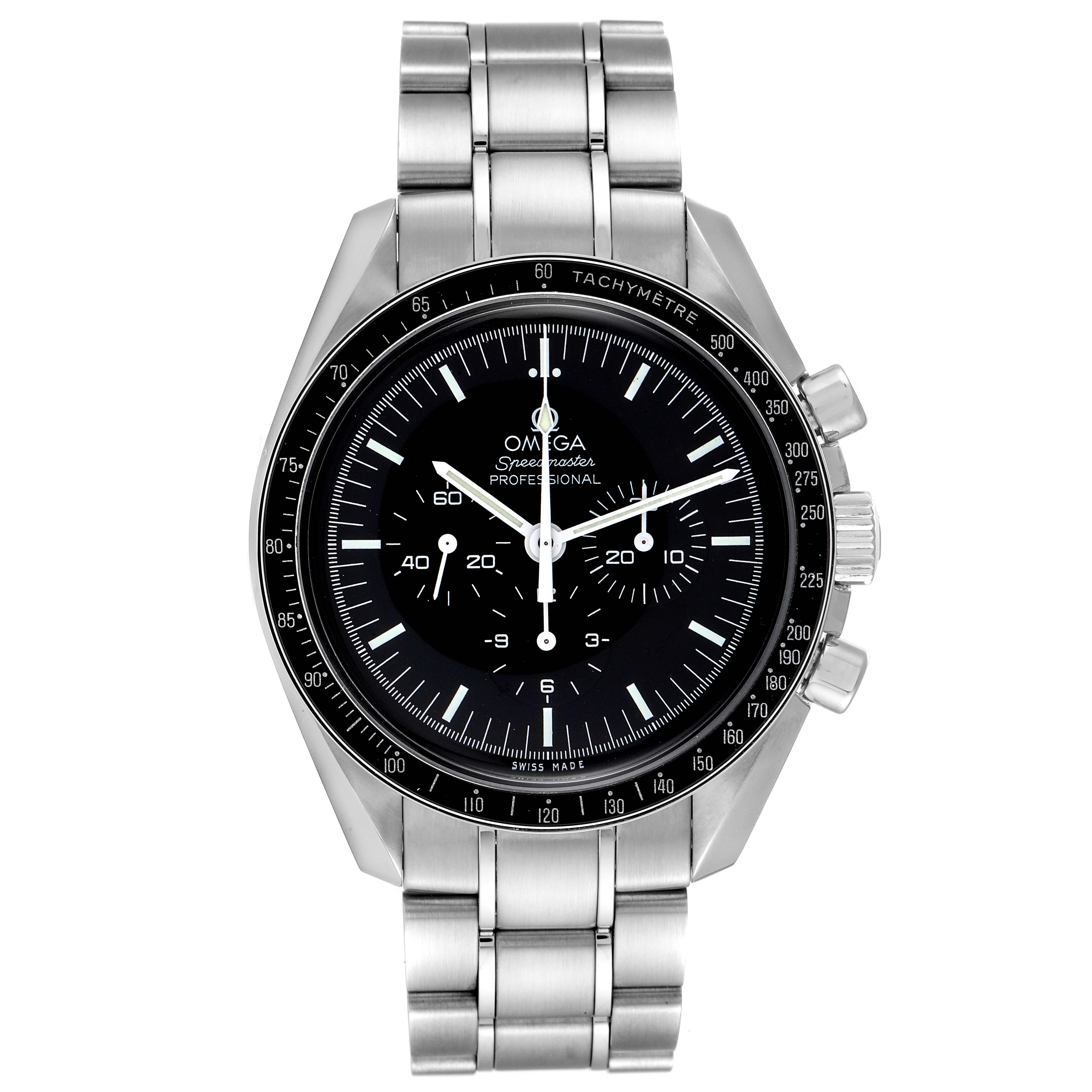 The image shows a front view of an Omega Speedmaster 311.30.42.30.01.005 Men's Stainless Steel Black Dial 311.30.42.30.01.005 Men's Stainless Steel Black Dial watch, including the dial and bracelet.
