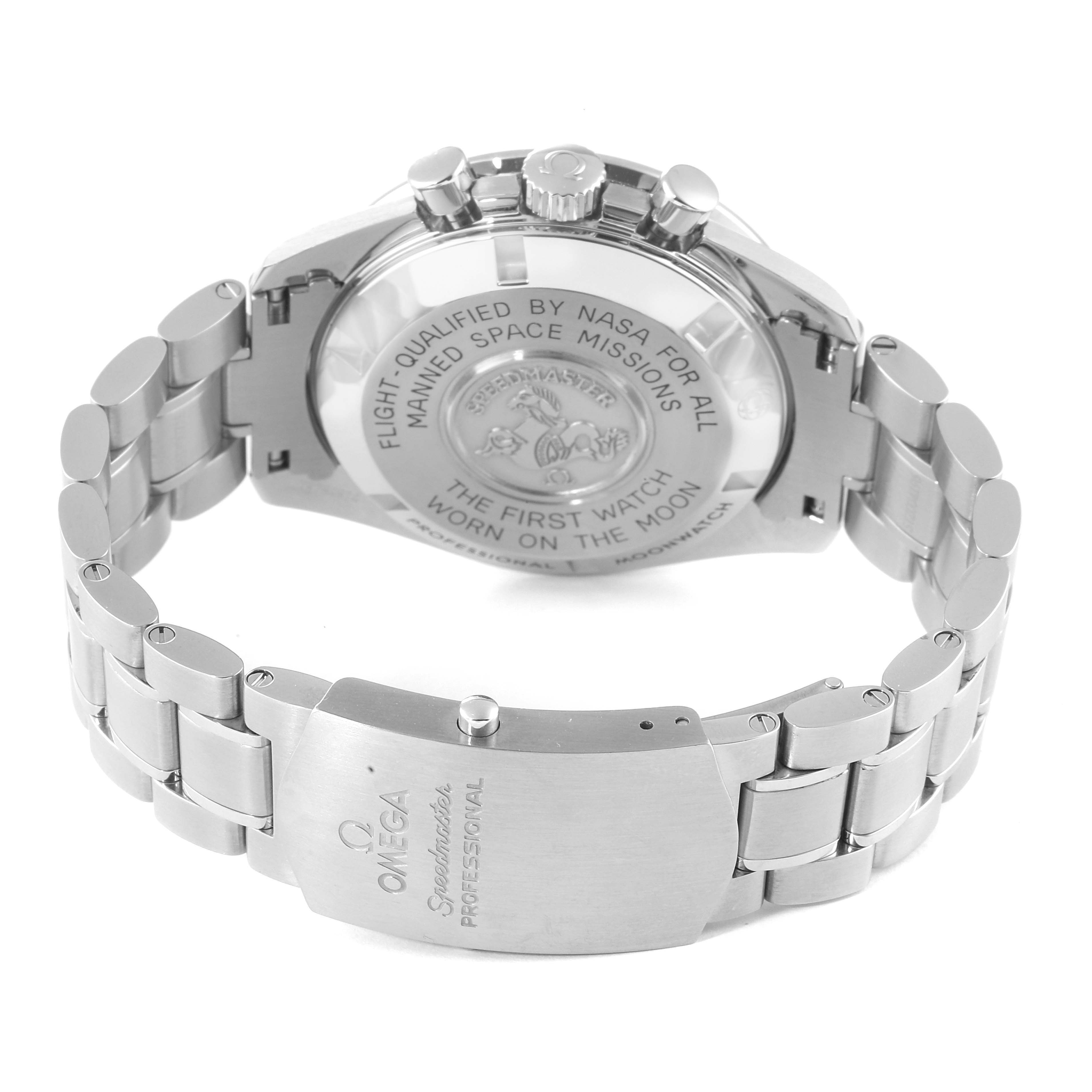 The image shows the back view of the Omega Speedmaster 311.30.42.30.01.005 Men's Stainless Steel Black Dial 311.30.42.30.01.005 Men's Stainless Steel Black Dial watch, focusing on its case back, bracelet, and clasp.