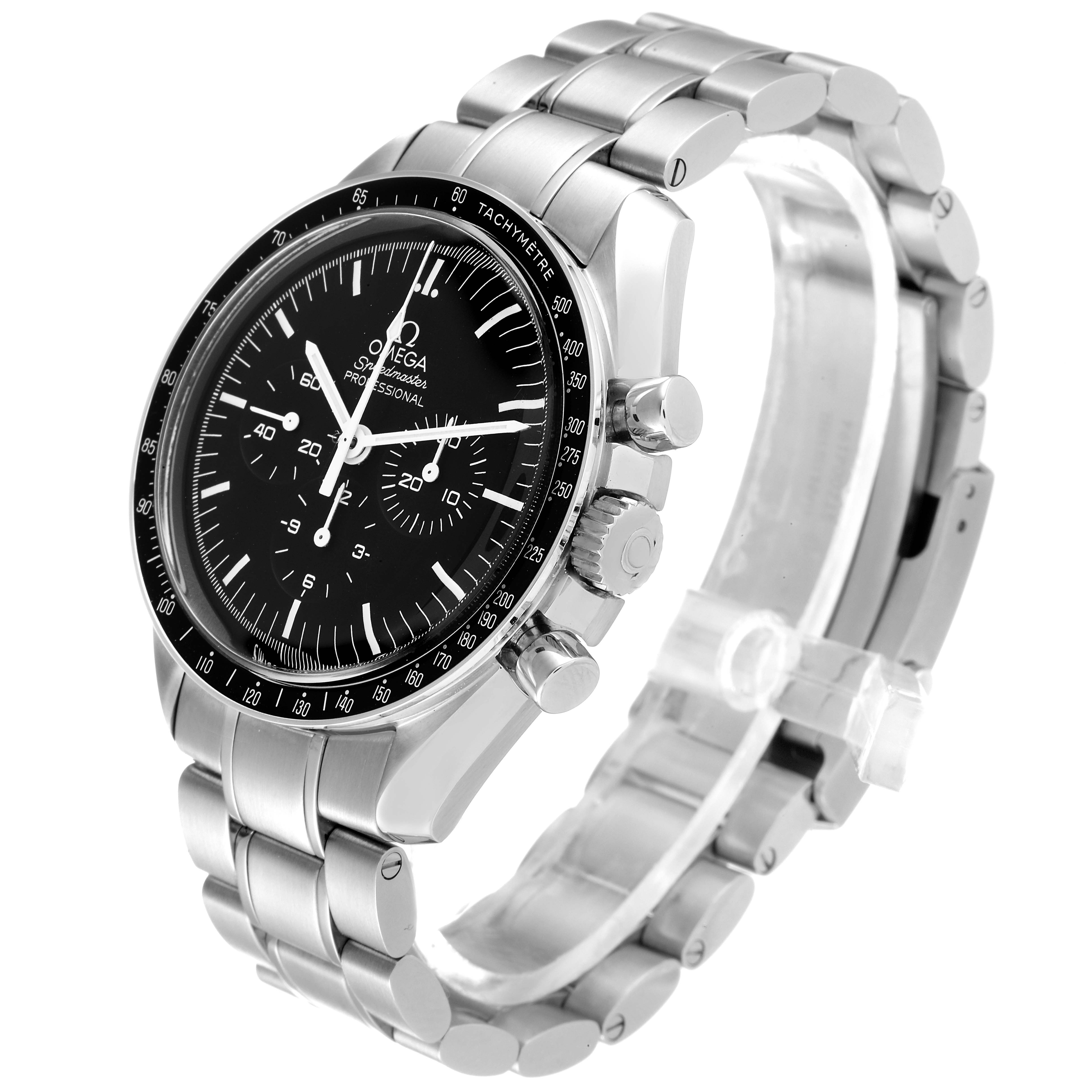 The image shows an Omega Speedmaster 311.30.42.30.01.005 Men's Stainless Steel Black Dial 311.30.42.30.01.005 Men's Stainless Steel Black Dial watch from an angled view, displaying the face, crown, and stainless steel bracelet.