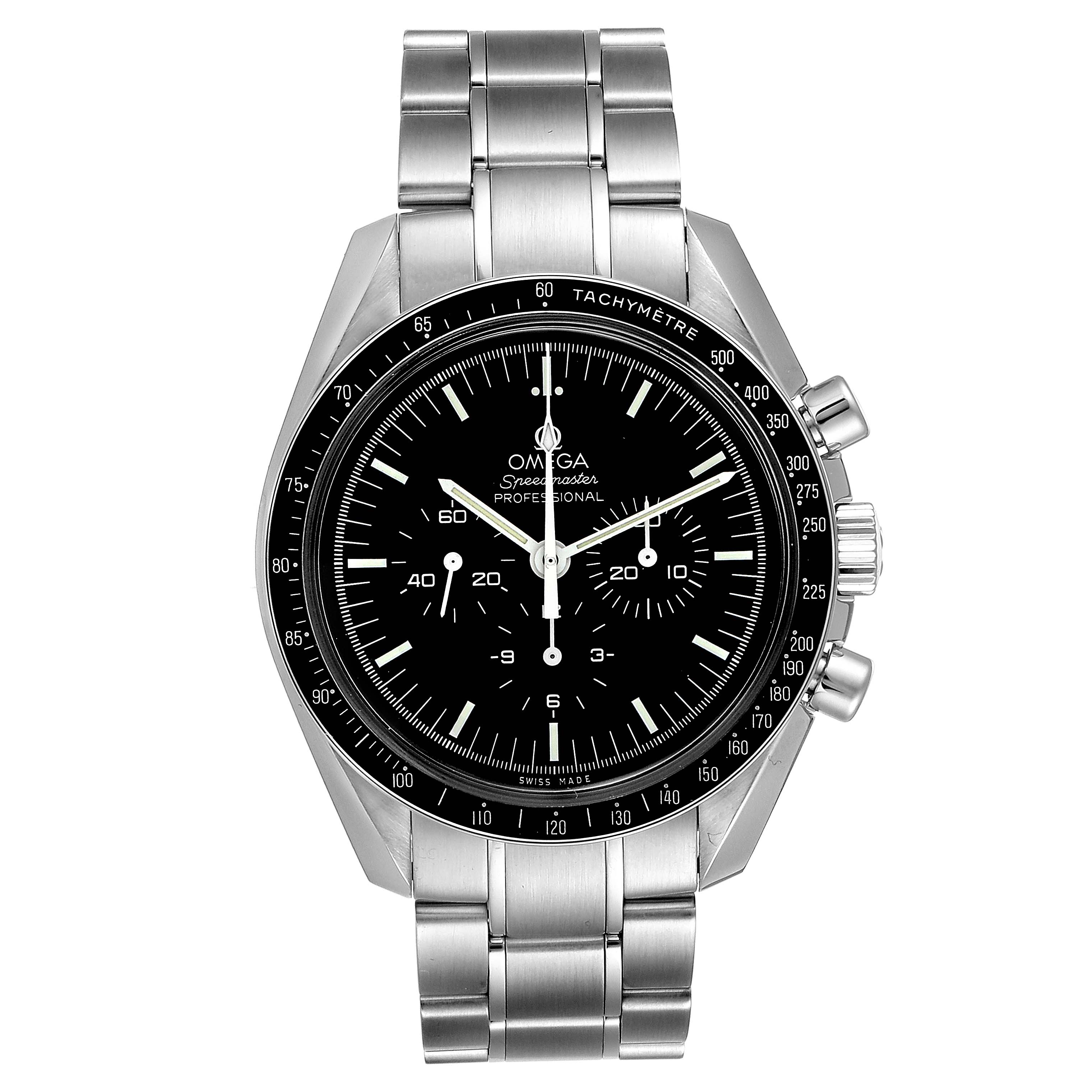The image shows a front view of the Omega Speedmaster 311.30.42.30.01.005 Men
s Stainless Steel Black Dial 311.30.42.30.01.005 Men
s Stainless Steel Black Dial watch, highlighting its black dial, tachymeter bezel, and stainless steel bracelet.