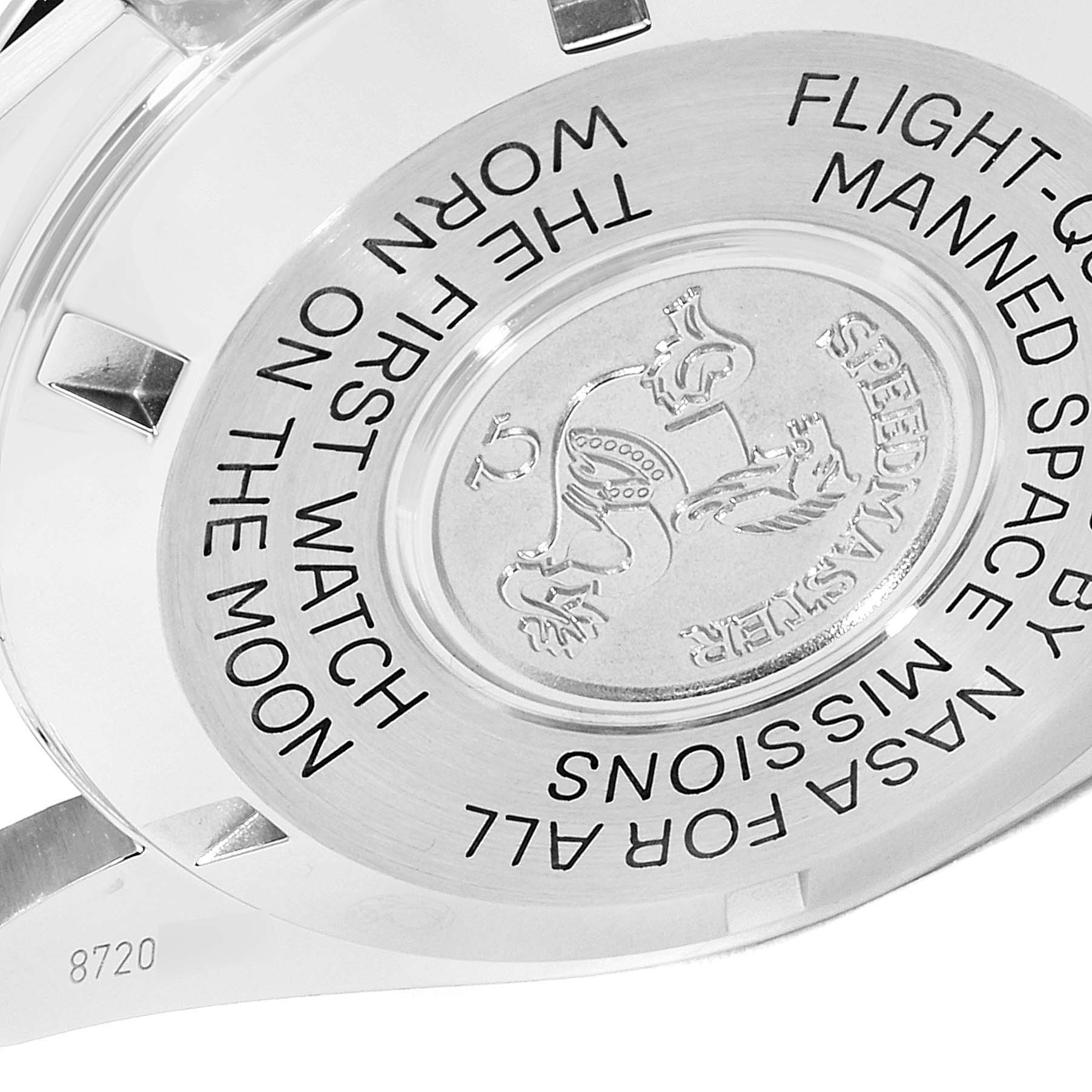 This image shows the engraved case back of the Omega Speedmaster 311.30.42.30.01.005 Men
s Stainless Steel Black Dial 311.30.42.30.01.005 Men
s Stainless Steel Black Dial watch from an angled rear view.