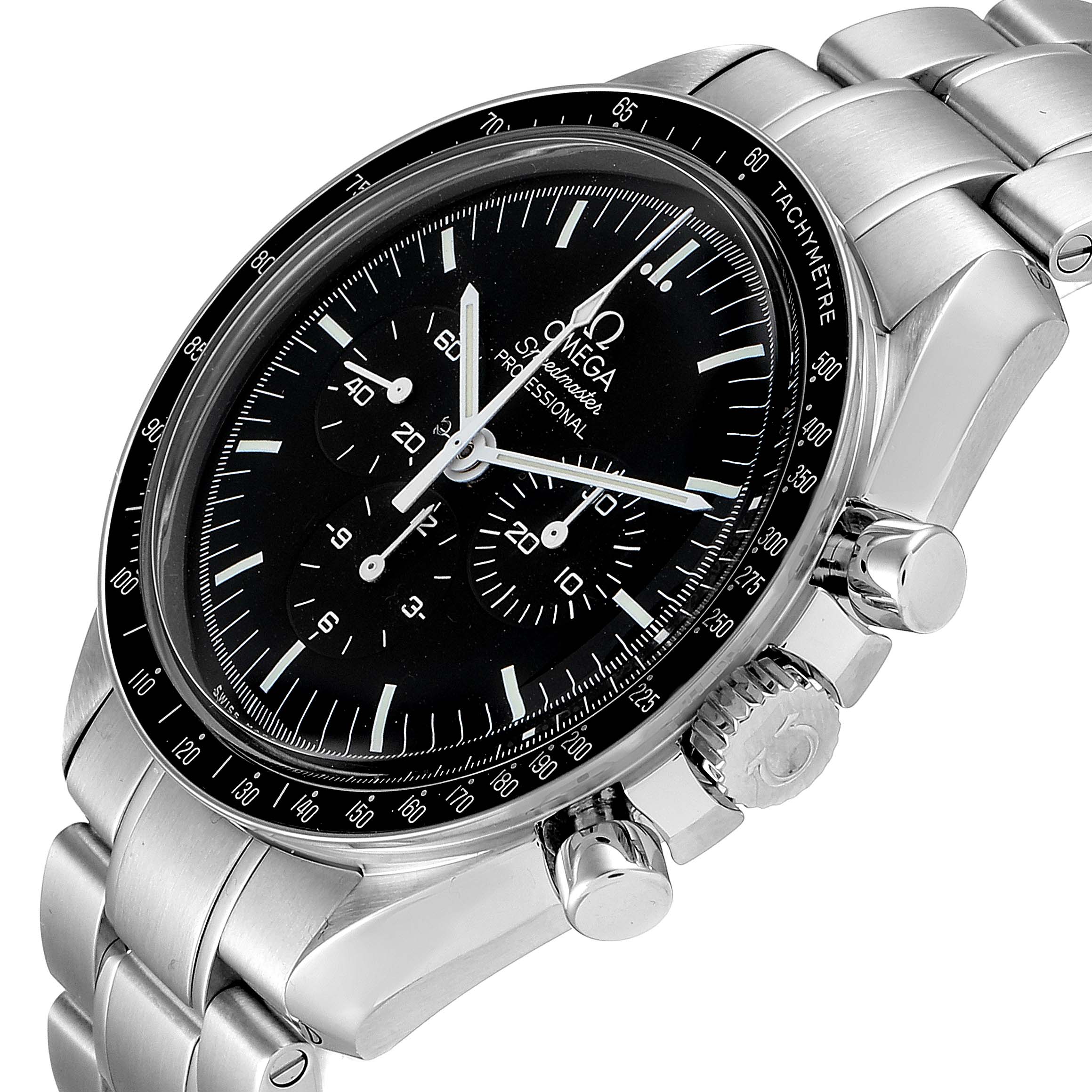 The image shows a tilted view of an Omega Speedmaster 311.30.42.30.01.005 Men
s Stainless Steel Black Dial 311.30.42.30.01.005 Men
s Stainless Steel Black Dial watch, focusing on the dial, chronograph subdials, and stainless steel bracelet.