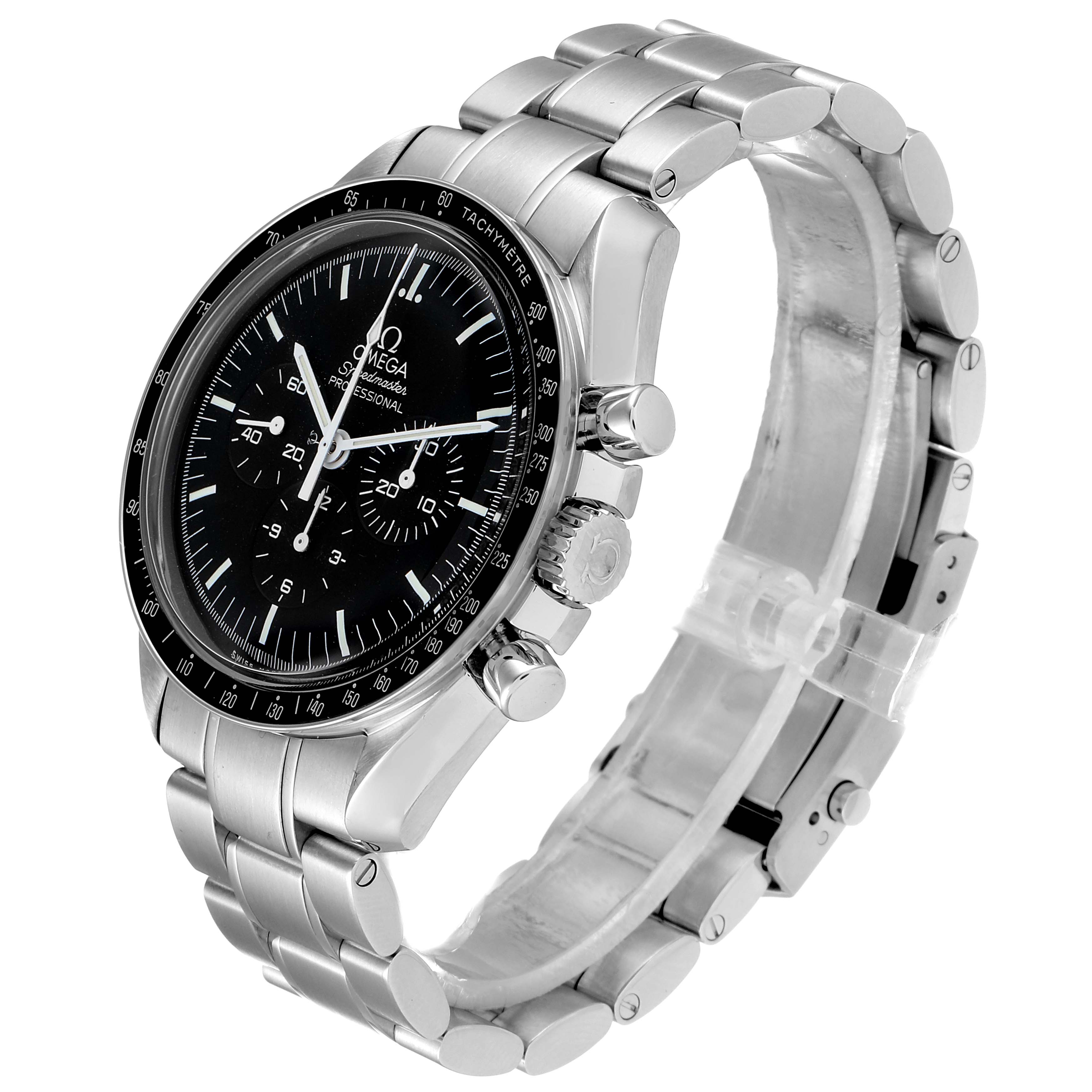 The image shows the Omega Speedmaster 311.30.42.30.01.005 Men
s Stainless Steel Black Dial 311.30.42.30.01.005 Men
s Stainless Steel Black Dial watch from an angled side view, highlighting its face, case, and bracelet.