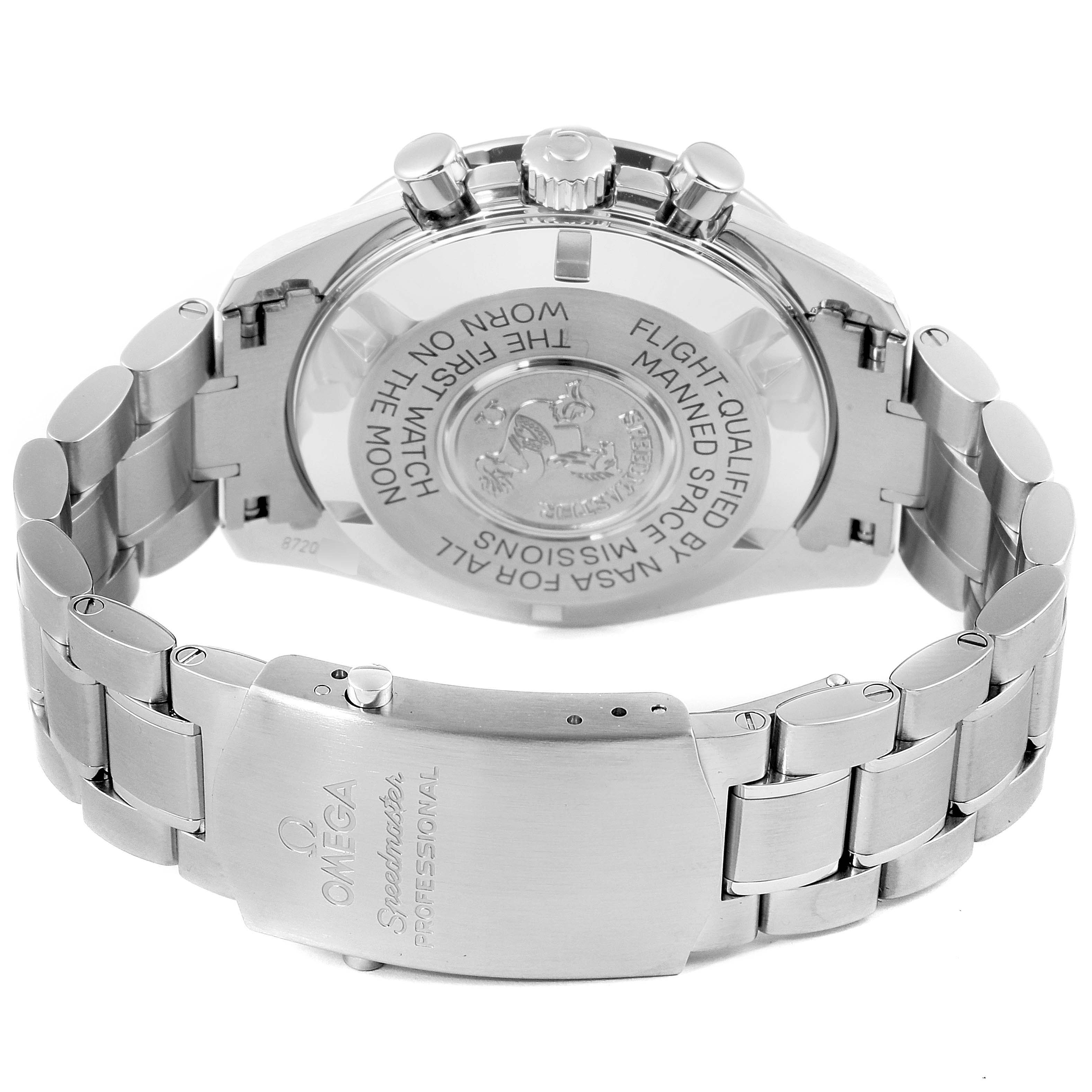 The image shows the Omega Speedmaster 311.30.42.30.01.005 Men
s Stainless Steel Black Dial 311.30.42.30.01.005 Men
s Stainless Steel Black Dial watch
s stainless steel bracelet and engraved case back from a rear angle.