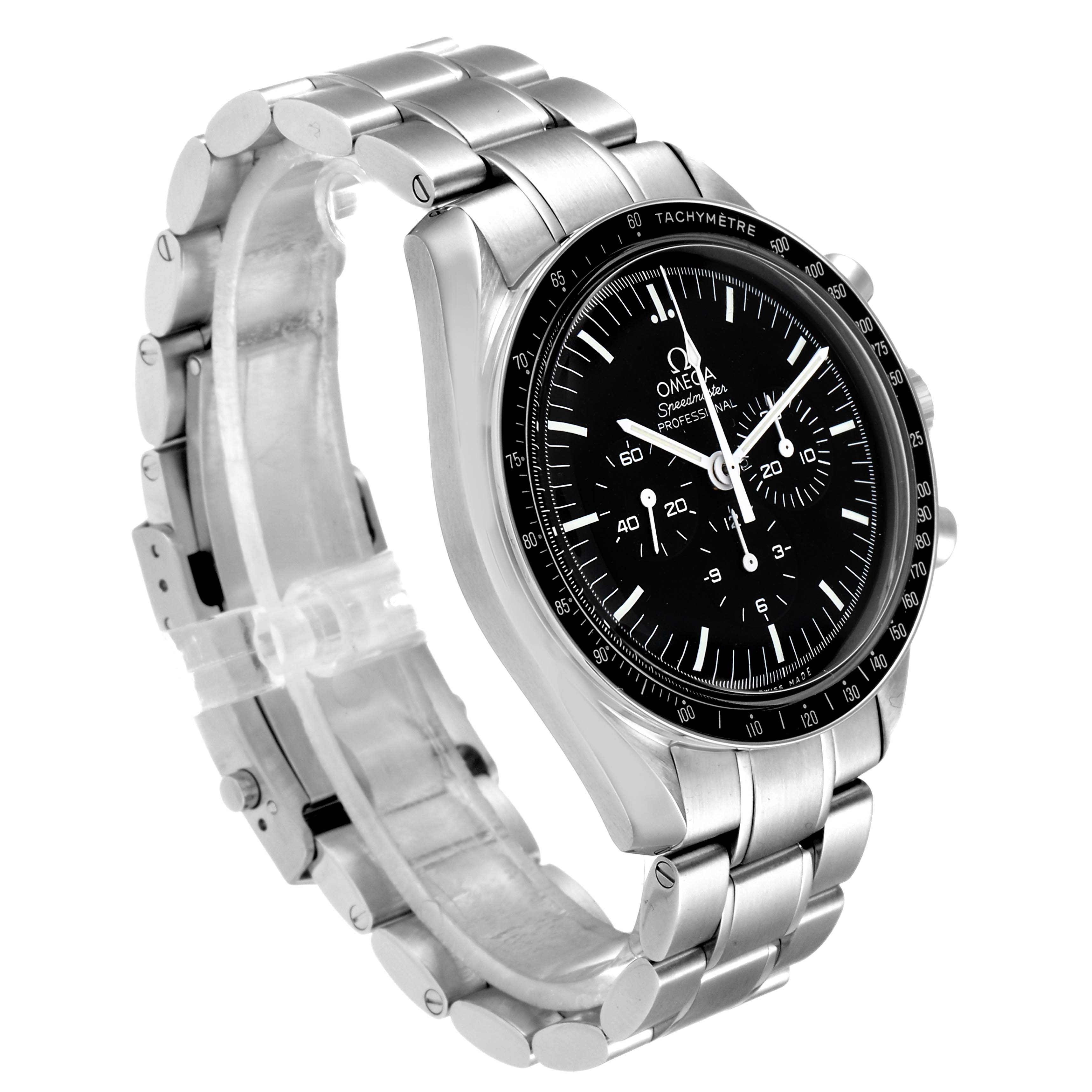 The image shows a side view of the Omega Speedmaster 311.30.42.30.01.005 Men
s Stainless Steel Black Dial 311.30.42.30.01.005 Men
s Stainless Steel Black Dial watch, highlighting the dial, bracelet, and clasp.