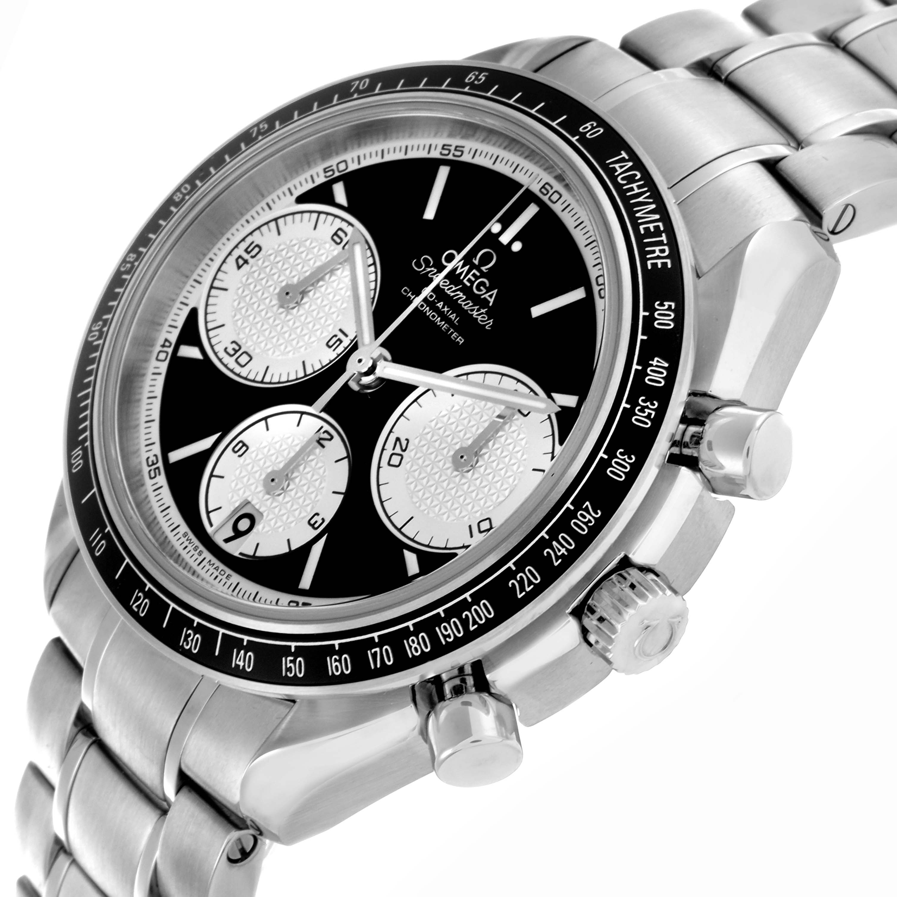 The Omega Speedmaster 326.30.40.50.01.002 Men's Stainless Steel Black Dial 326.30.40.50.01.002 Men's Stainless Steel Black Dial watch is shown from a side angle, highlighting the case, bracelet, and tachymeter bezel.