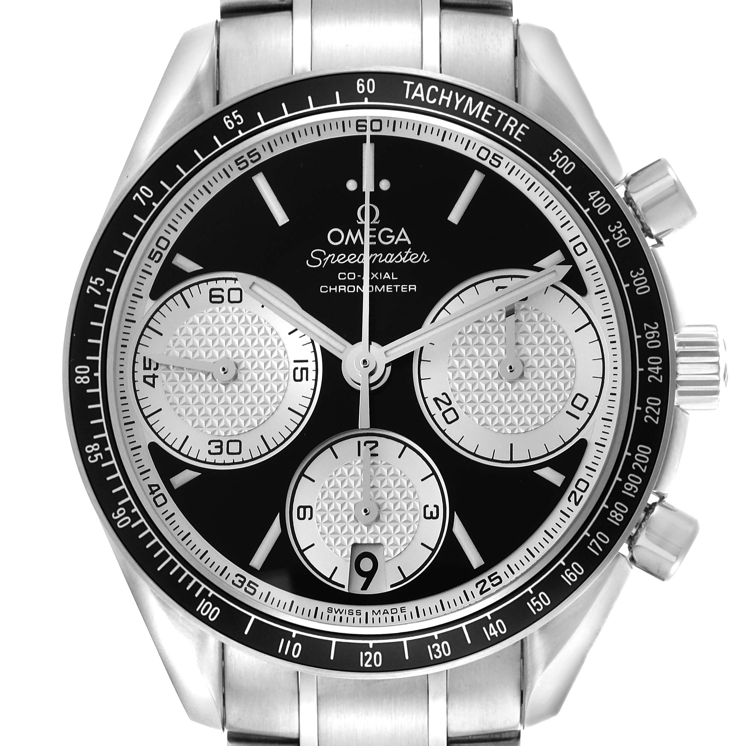 The Omega Speedmaster 326.30.40.50.01.002 Men's Stainless Steel Black Dial 326.30.40.50.01.002 Men's Stainless Steel Black Dial watch is shown from the front, highlighting its dial, sub-dials, tachymeter bezel, and crown.