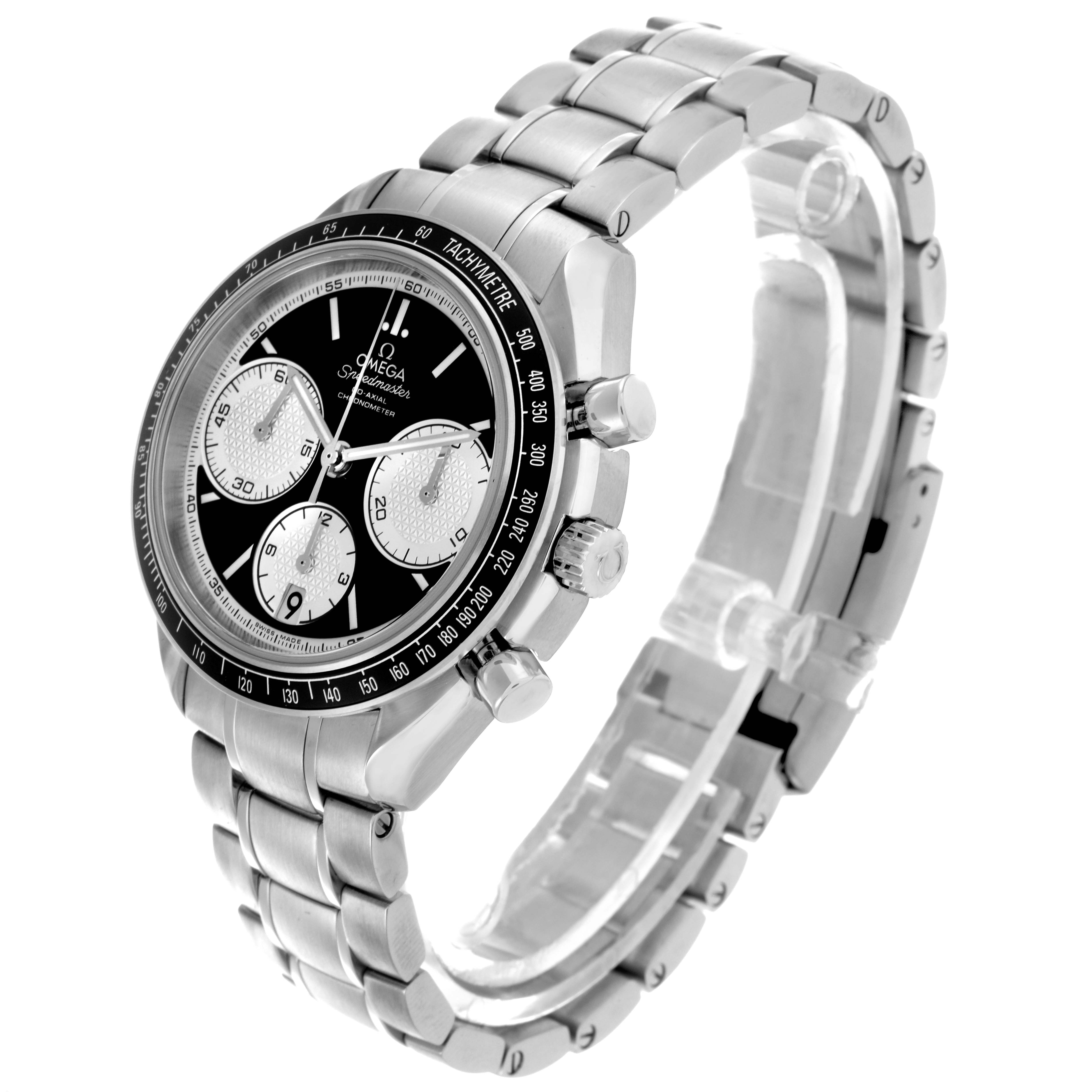 The Omega Speedmaster 326.30.40.50.01.002 Men's Stainless Steel Black Dial 326.30.40.50.01.002 Men's Stainless Steel Black Dial watch is shown at a three-quarter angle, displaying the face, bezel, and metal bracelet.