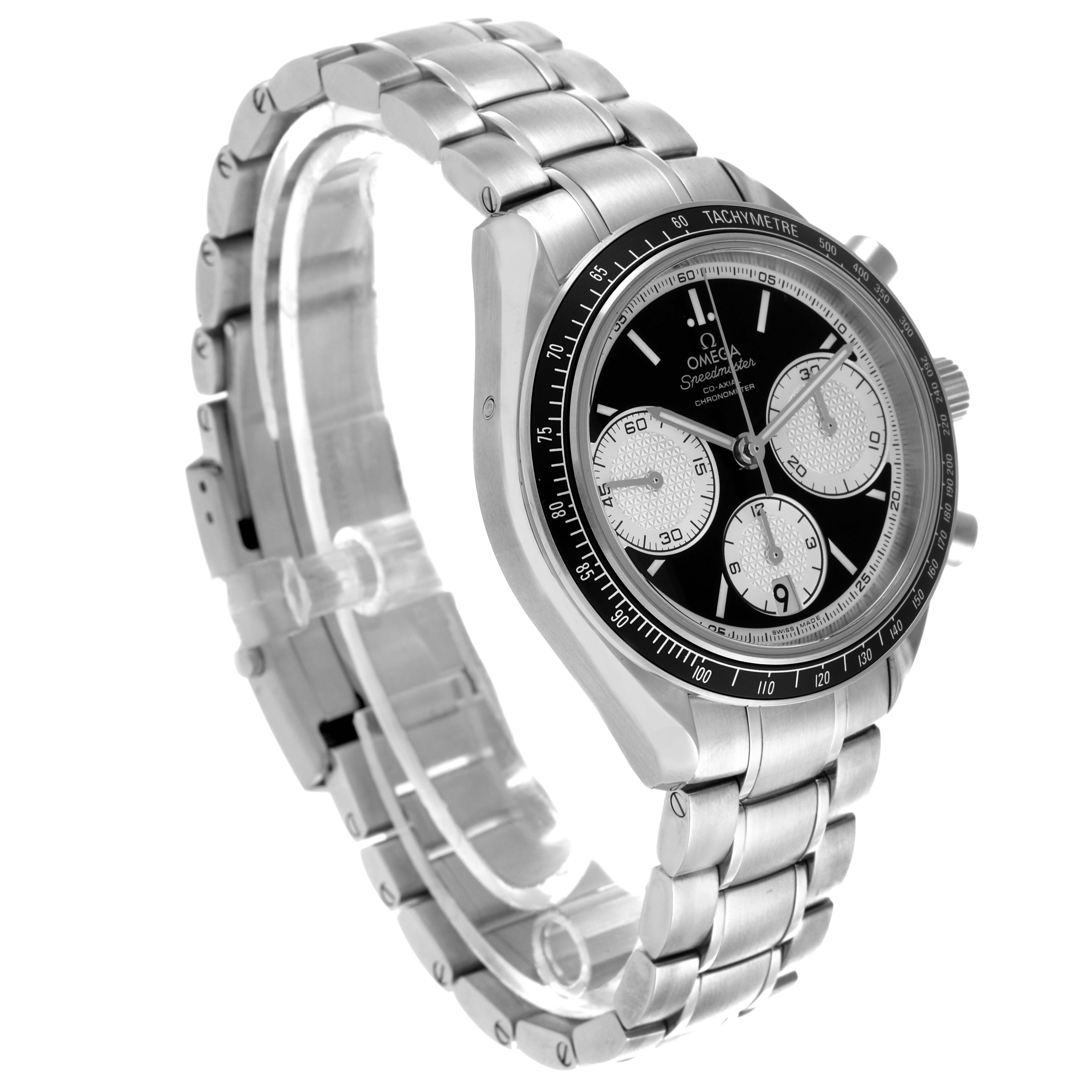 The Omega Speedmaster 326.30.40.50.01.002 Men's Stainless Steel Black Dial 326.30.40.50.01.002 Men's Stainless Steel Black Dial is shown at an angle highlighting the face, bezel, and stainless steel bracelet.