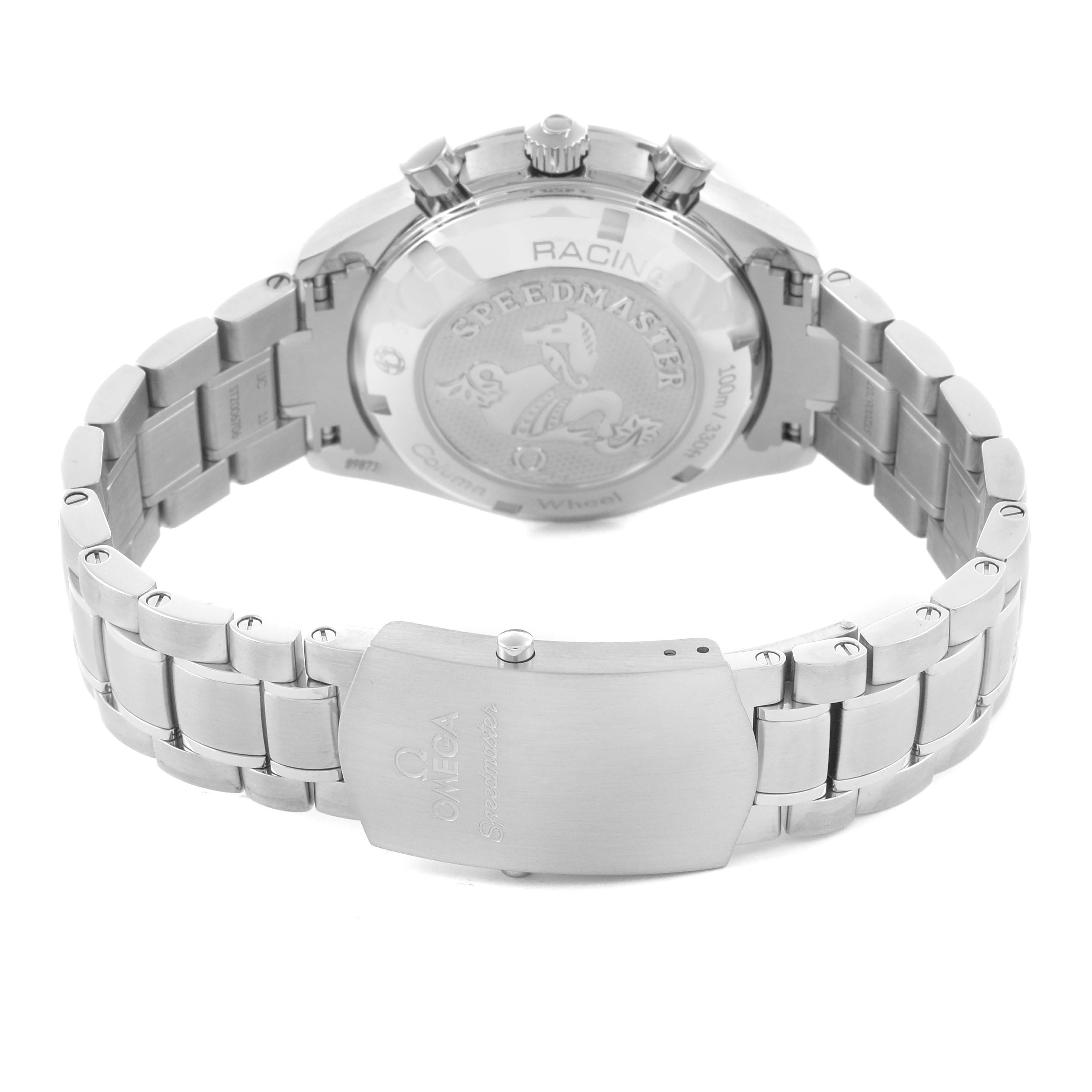 The image shows the back case and bracelet clasp of an Omega Speedmaster 326.30.40.50.01.002 Men's Stainless Steel Black Dial 326.30.40.50.01.002 Men's Stainless Steel Black Dial watch at a rear angle.