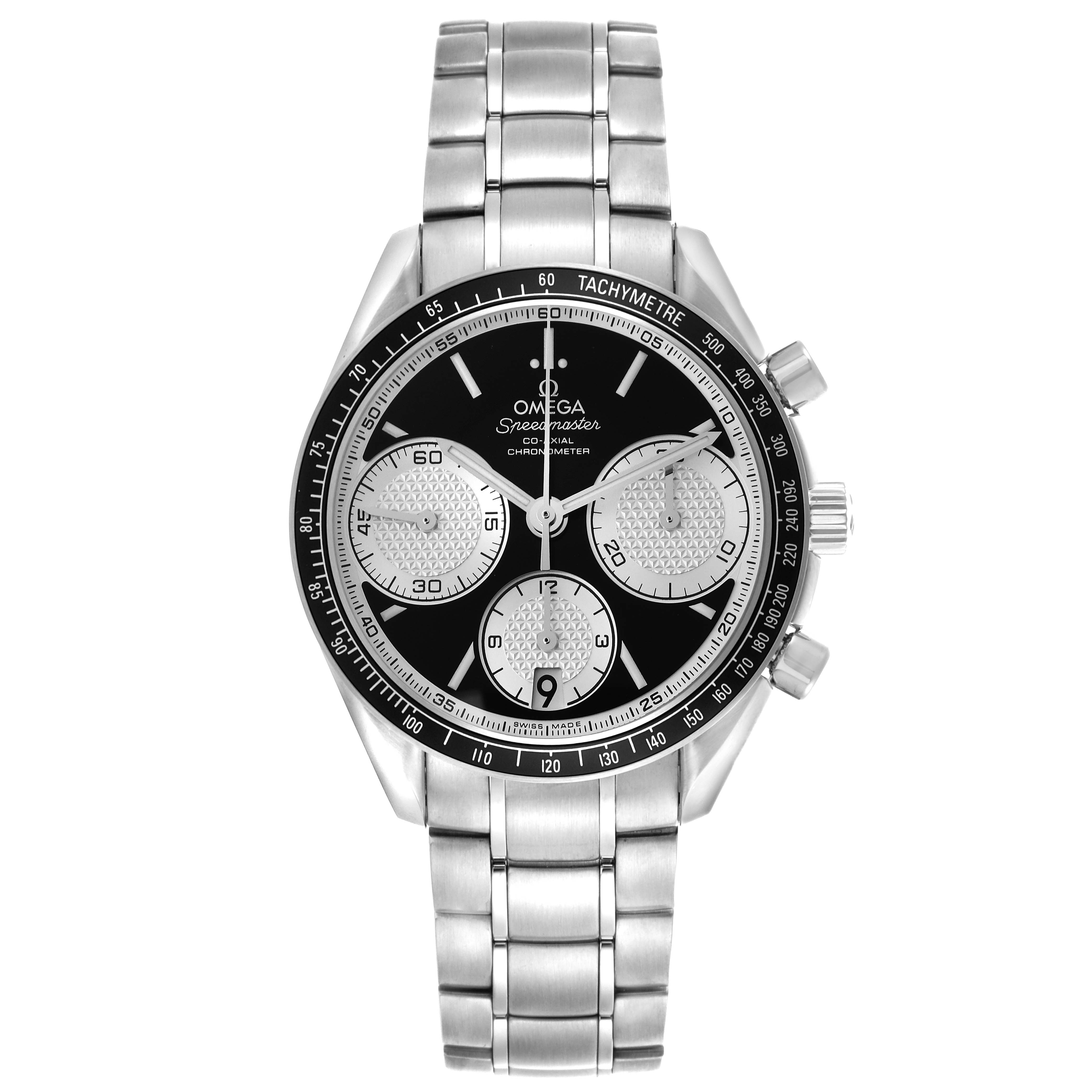 The image shows a front view of the Omega Speedmaster 326.30.40.50.01.002 Men's Stainless Steel Black Dial 326.30.40.50.01.002 Men's Stainless Steel Black Dial watch, displaying its dial, tachymeter bezel, and stainless steel bracelet.