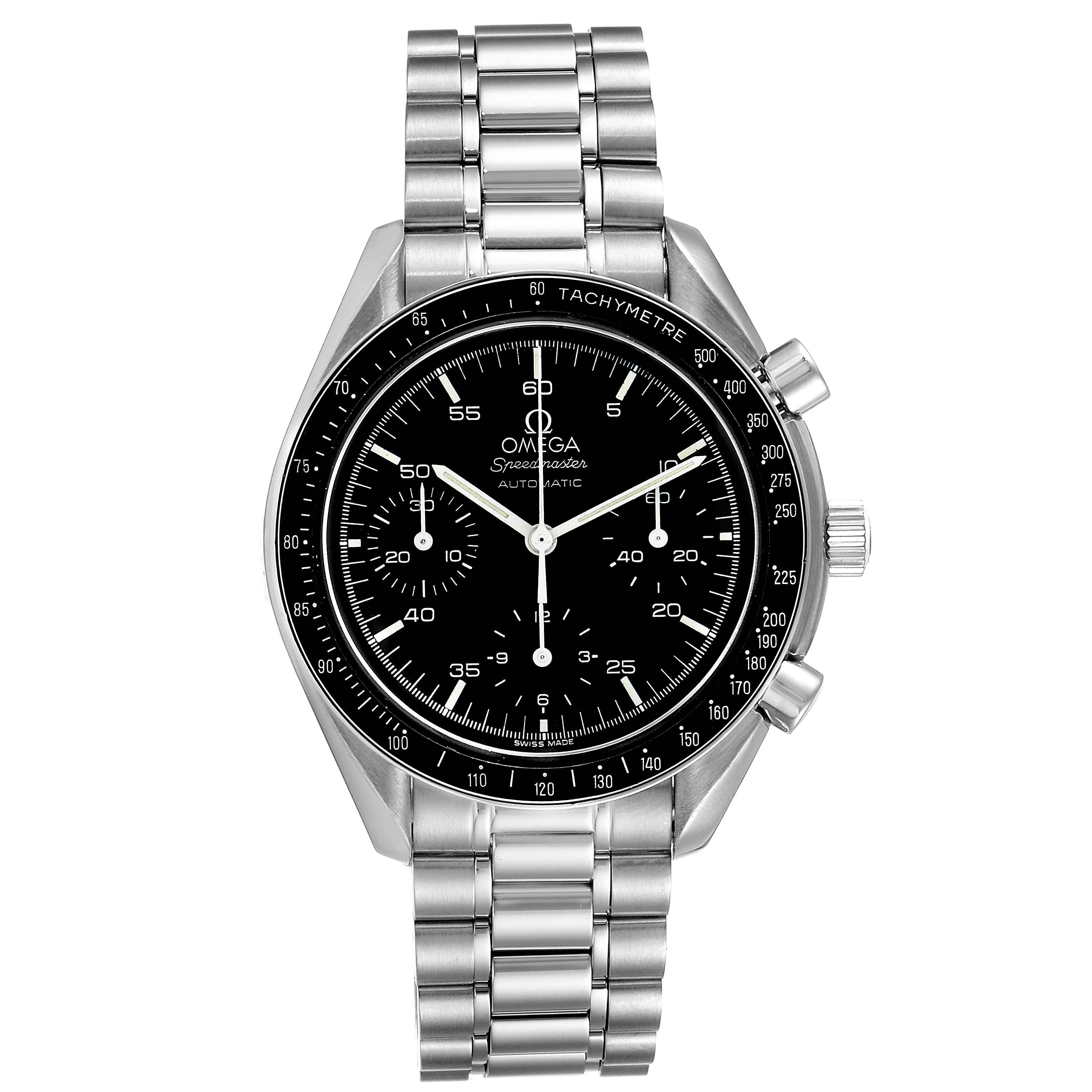 The photo shows a front view of an Omega Speedmaster 3510.50.00 Men's Stainless Steel Black Dial 3510.50.00 Men's Stainless Steel Black Dial watch, highlighting its black dial, tachymeter bezel, and stainless steel bracelet.
