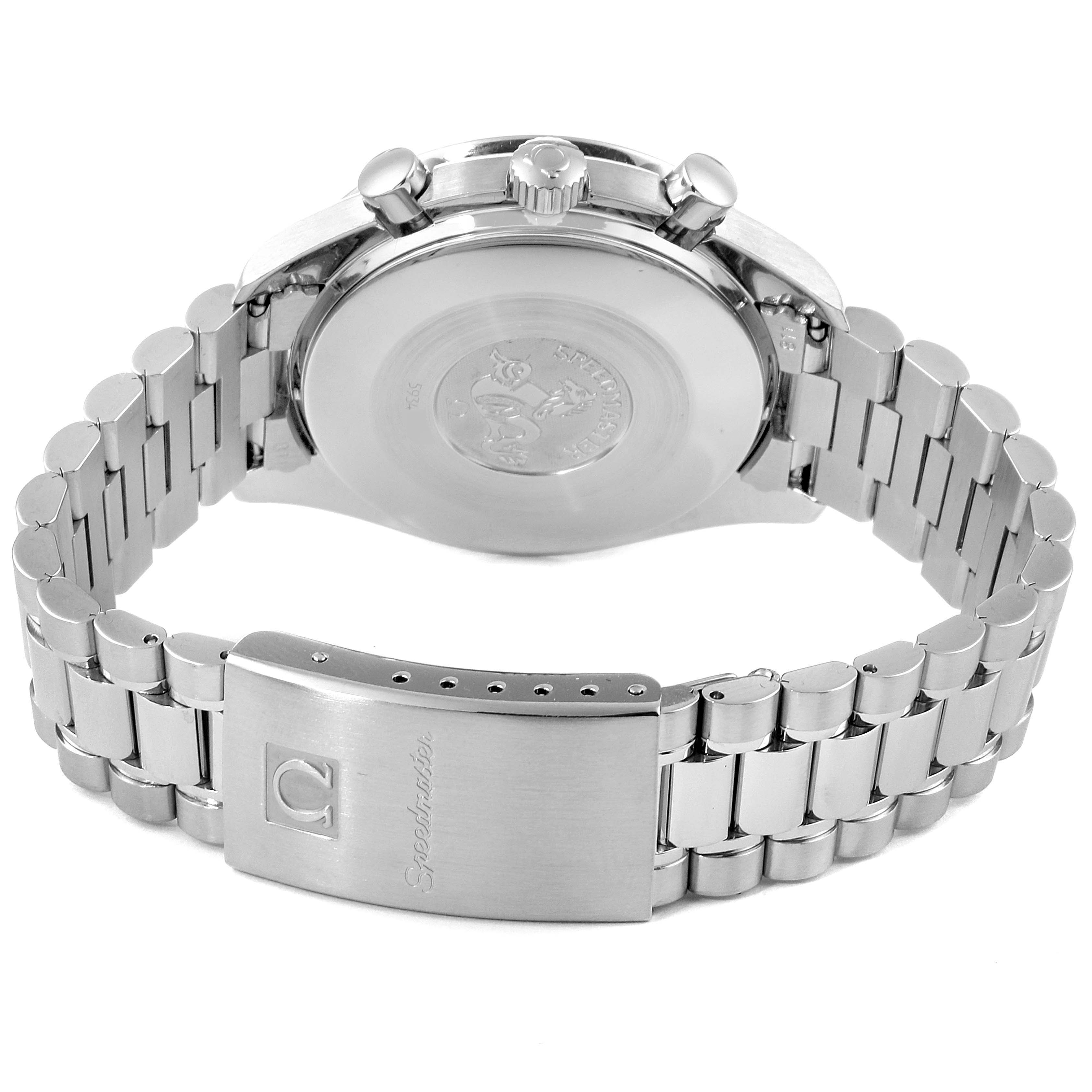 This image shows the back view of the Omega Speedmaster 3510.50.00 Men's Stainless Steel Black Dial 3510.50.00 Men's Stainless Steel Black Dial watch, highlighting the case back, bracelet, and clasp.
