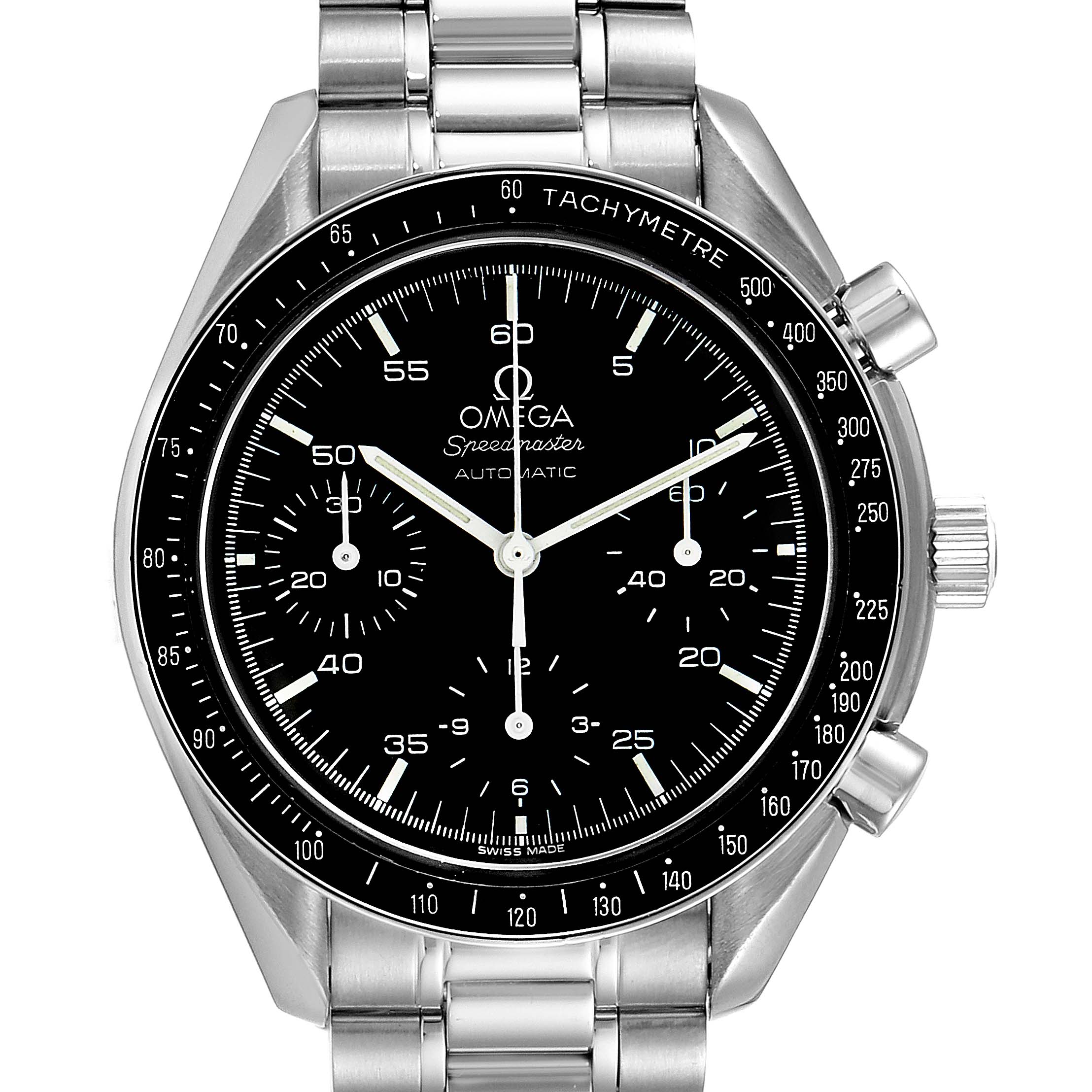 This image shows a front view of an Omega Speedmaster 3510.50.00 Men's Stainless Steel Black Dial 3510.50.00 Men's Stainless Steel Black Dial watch, highlighting the dial, tachymeter, and stainless steel bracelet.