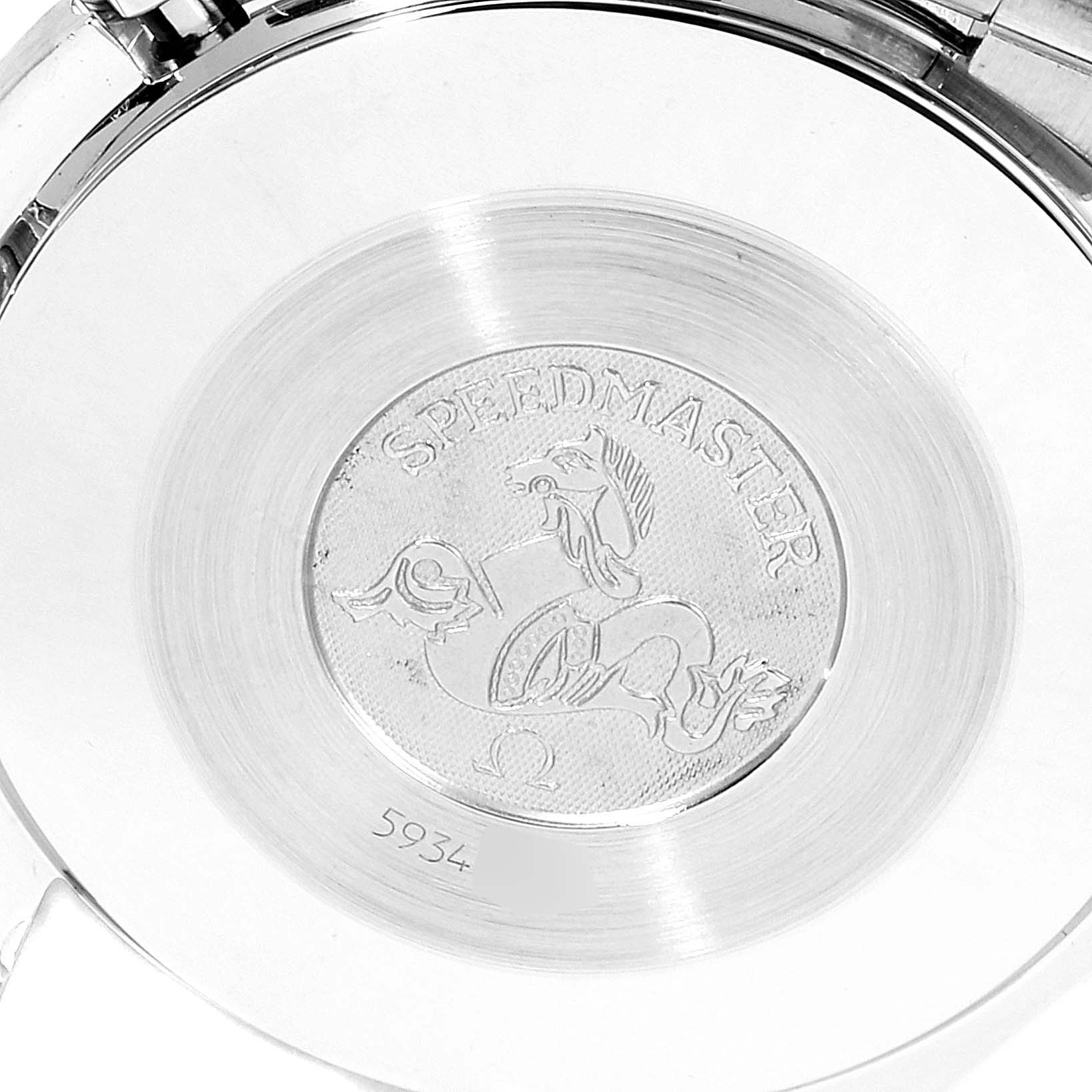 The image shows the back case of an Omega Speedmaster 3510.50.00 Men's Stainless Steel Black Dial 3510.50.00 Men's Stainless Steel Black Dial watch, featuring the engraved logo and model name.