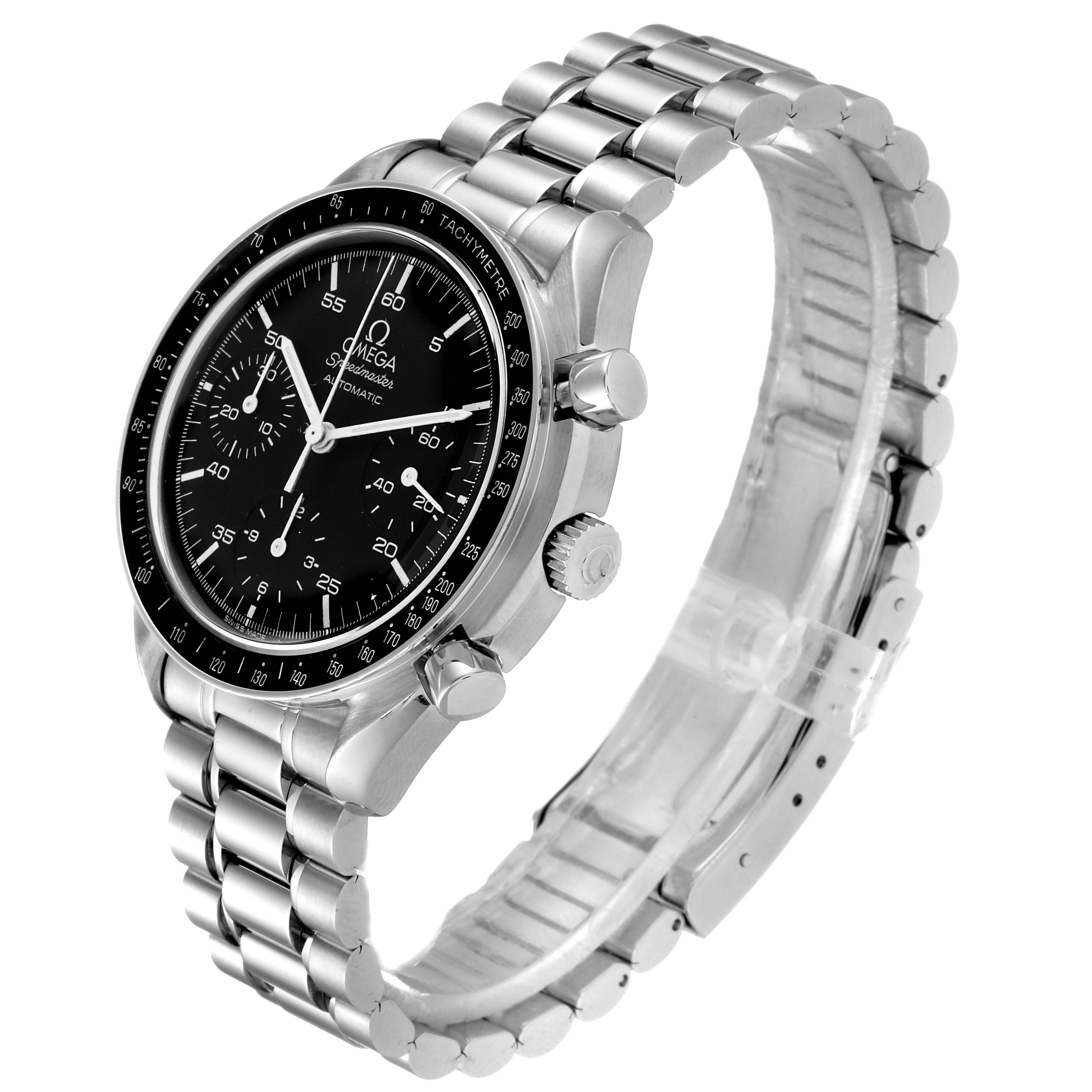The Omega Speedmaster 3510.50.00 Men's Stainless Steel Black Dial 3510.50.00 Men's Stainless Steel Black Dial watch is shown at a three-quarter angle, displaying the face, bezel, crown, pushers, and metal bracelet.
